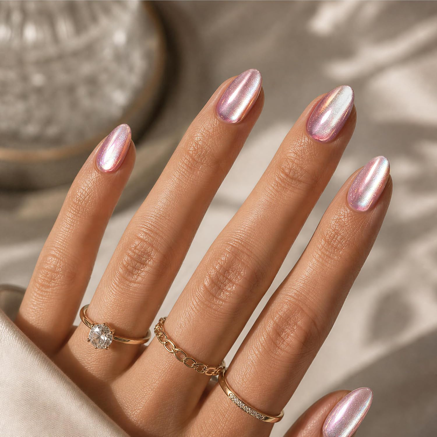 UÑAS POSTIZAS BEETLES CHROME PURPLE CAT EYE ALMOND CORTAS 32 PIEZAS - 2