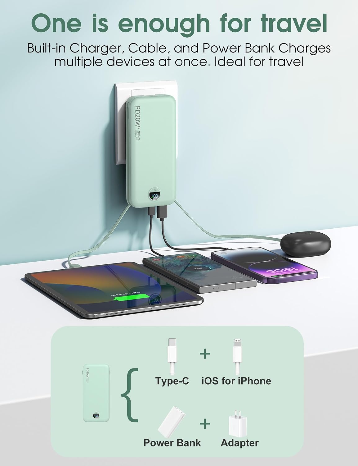 BATERÍA EXTERNA CITICR 10000MAH PD20W CON CABLES INTEGRADOS Y ENCHUFE VERDE - 4