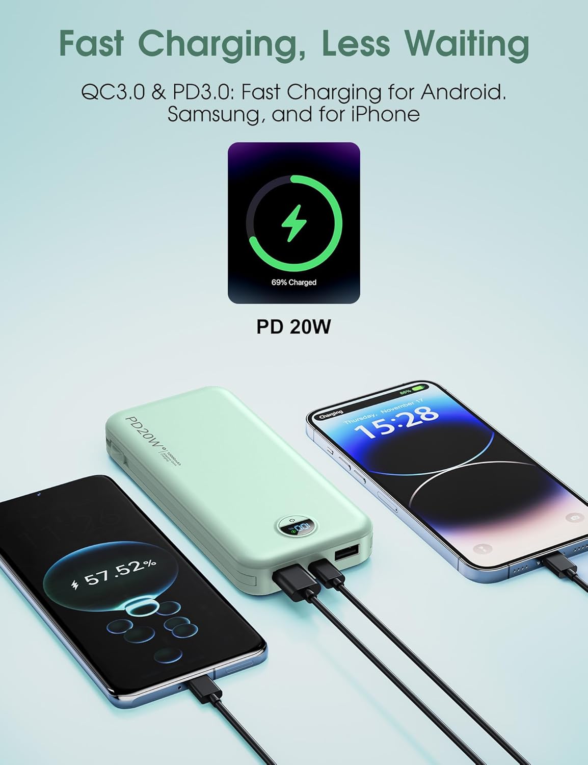 BATERÍA EXTERNA CITICR 10000MAH PD20W CON CABLES INTEGRADOS Y ENCHUFE VERDE - 5