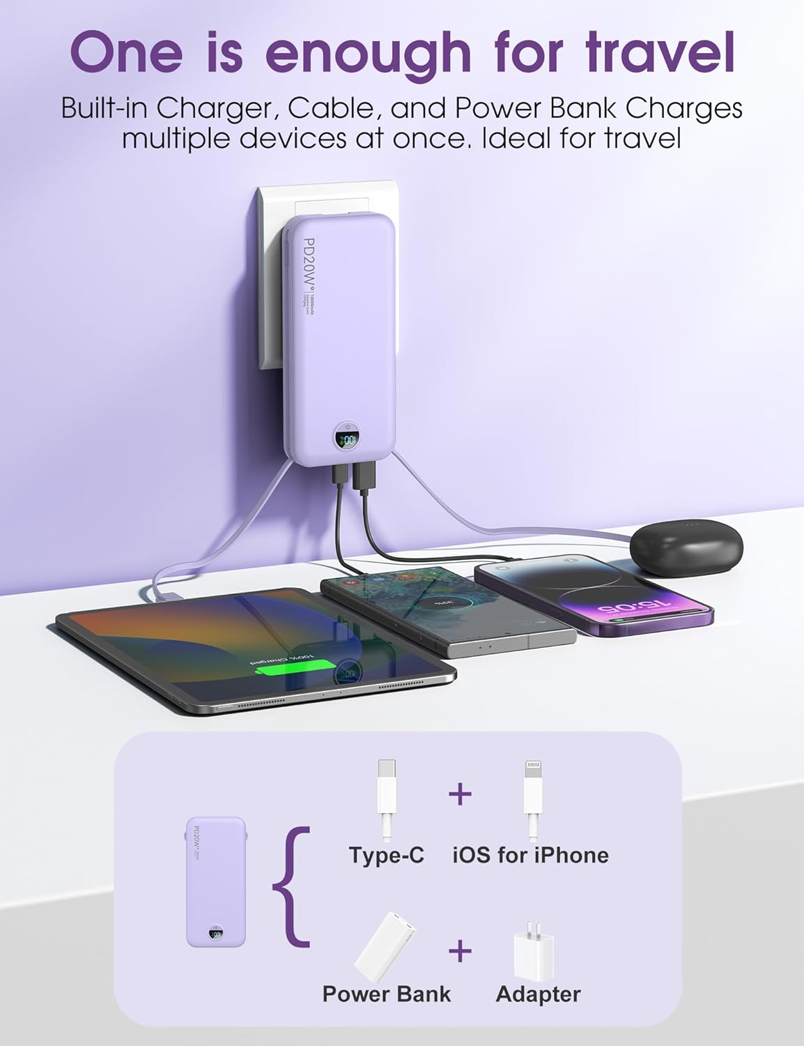 BATERÍA EXTERNA CITICR 10000MAH PD20W CON CABLES INTEGRADOS Y ENCHUFE MORADO - 4