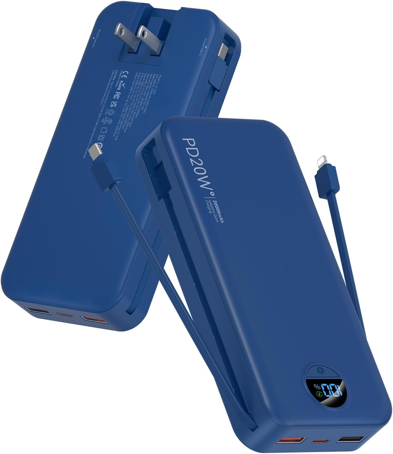 BATERÍA EXTERNA CITICR 20000MAH PD20W CON CABLES INTEGRADOS Y ENCHUFE PLEGABLE AZUL MARINO - 1