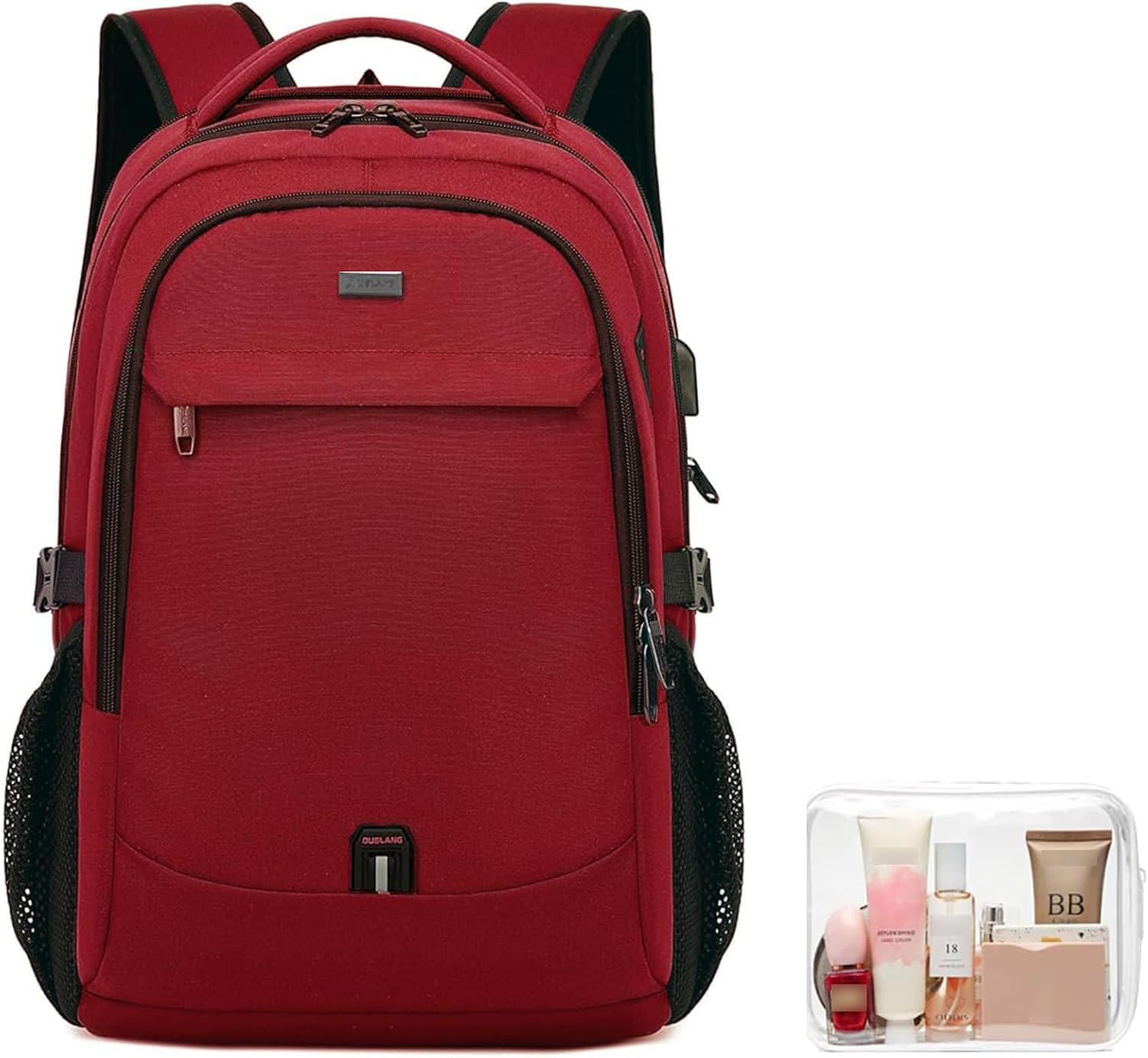 MOCHILA PARA LAPTOP DUSLANG 17 PULGADAS RESISTENTE AL AGUA CON PUERTO USB Y BOLSA DE ASEO TRANSPARENTE ROJA - 1