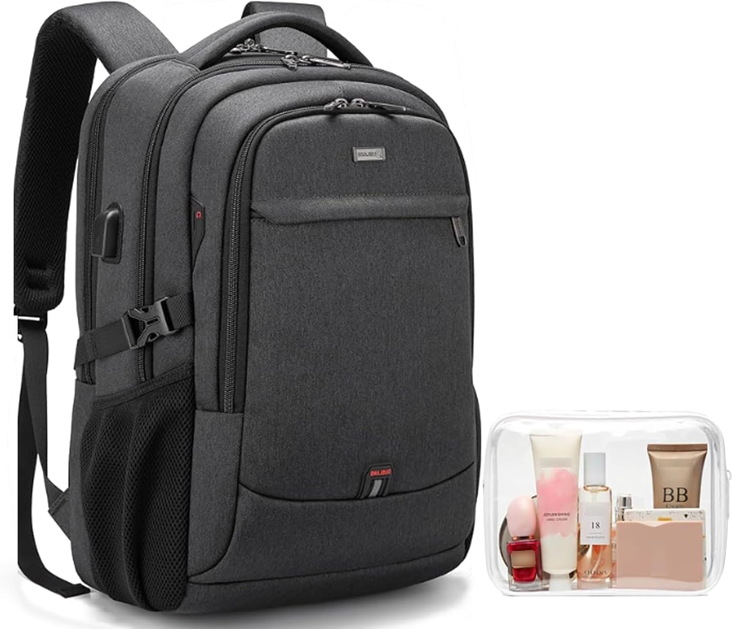 MOCHILA PARA LAPTOP DUSLANG 17 PULGADAS CON PUERTO USB Y BOLSA DE COSMÉTICOS TRANSPARENTE NEGRA - 1