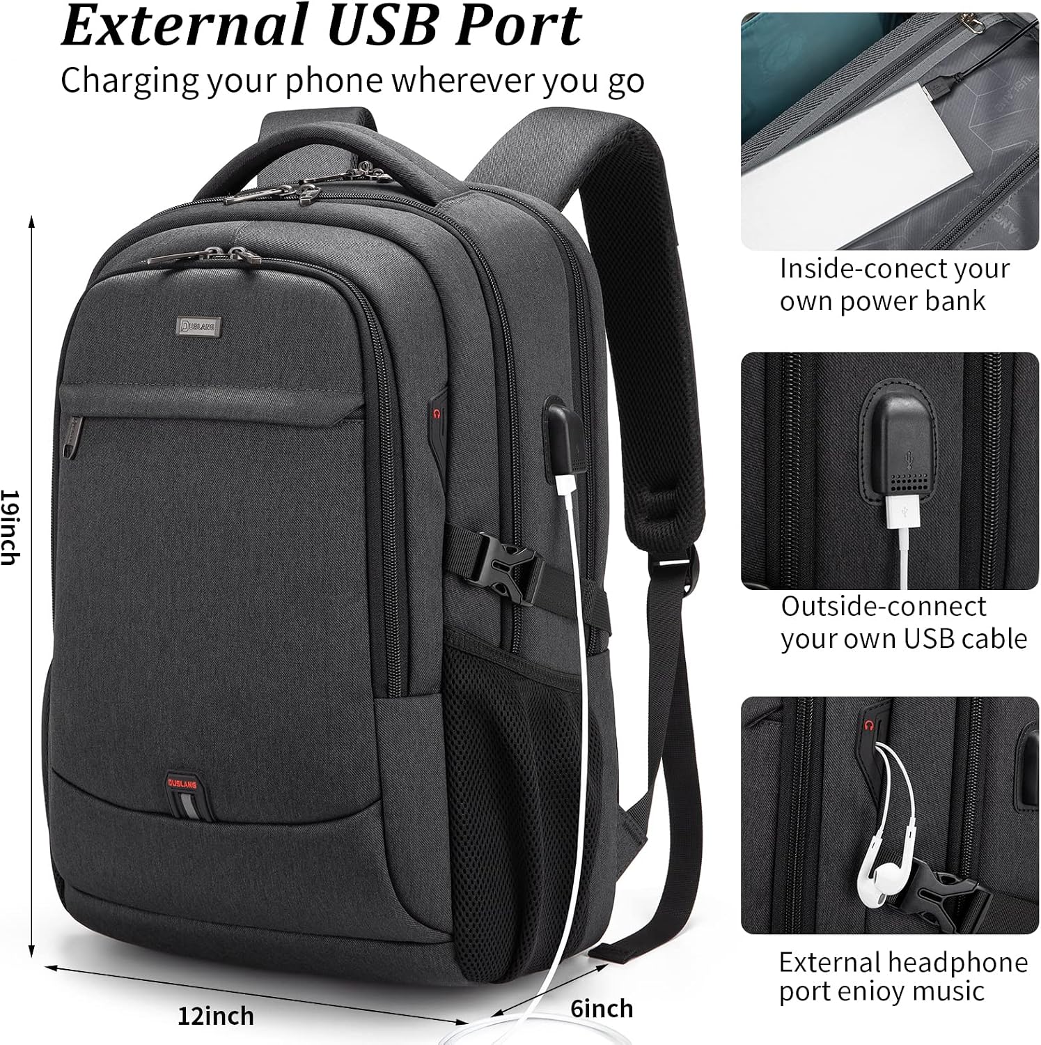 MOCHILA PARA LAPTOP DUSLANG 17 PULGADAS CON PUERTO USB Y BOLSA DE COSMÉTICOS TRANSPARENTE NEGRA - 4
