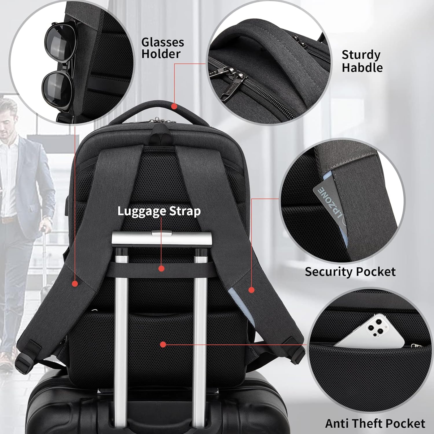 MOCHILA PARA LAPTOP DUSLANG 17 PULGADAS CON PUERTO USB Y BOLSA DE COSMÉTICOS TRANSPARENTE NEGRA - 5