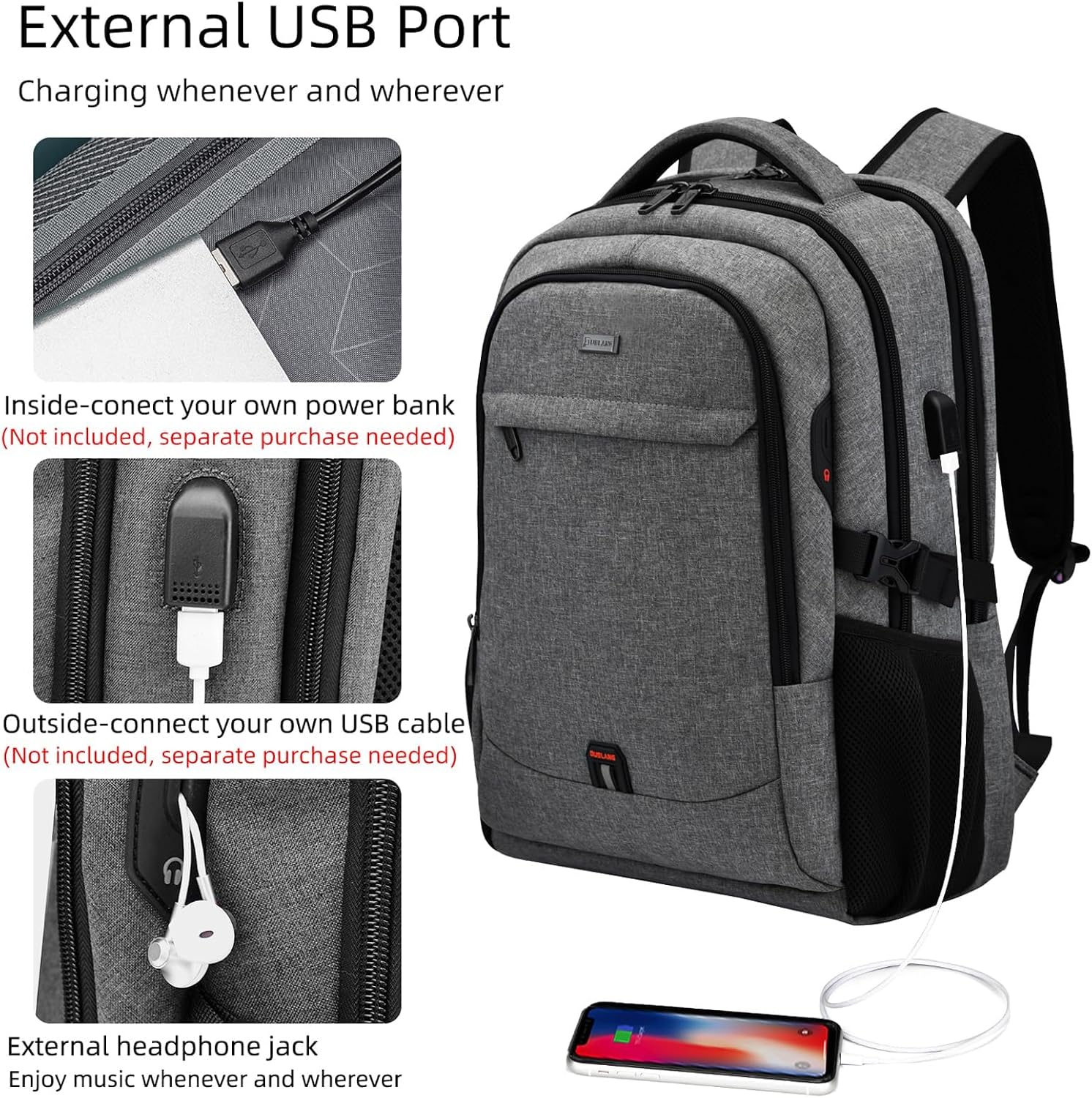 MOCHILA PARA LAPTOP DUSLANG WD30191 17 PULGADAS GRIS CLARO Y NEGRO - 3