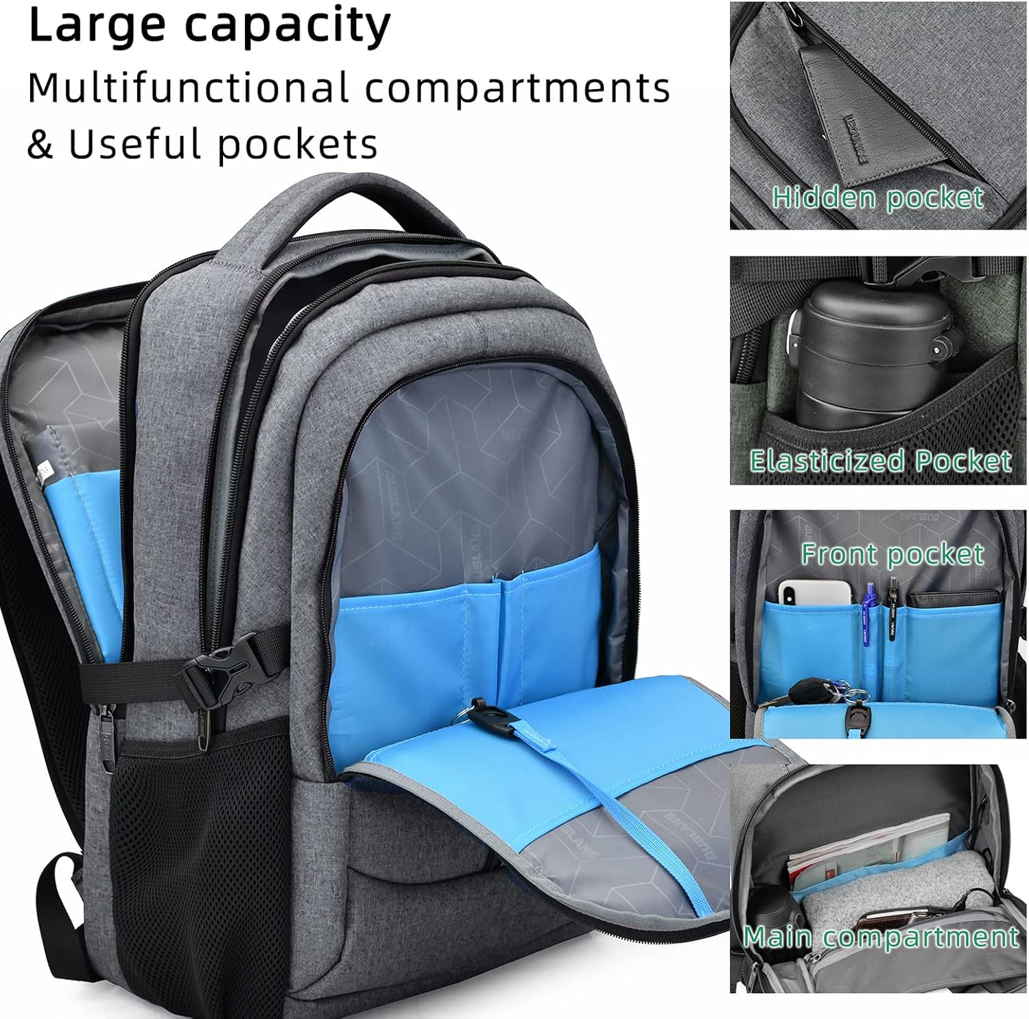 MOCHILA PARA LAPTOP DUSLANG 17 PULGADAS GRIS CLARO CON PUERTO USB Y CUBIERTA PARA LLUVIA - 3