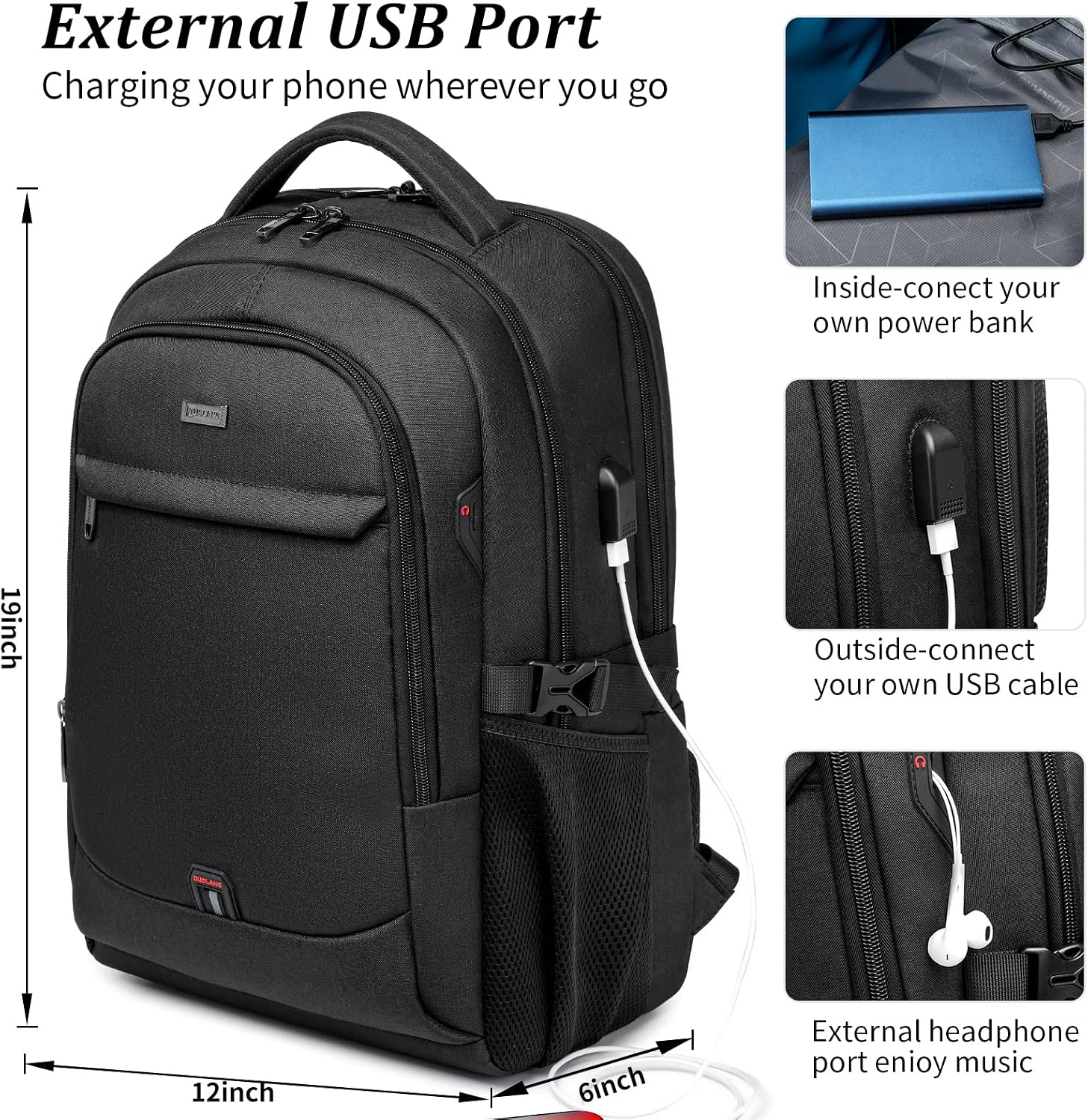 MOCHILA PARA LAPTOP DUSLANG 17 PULGADAS CON PUERTO USB Y CUBIERTA IMPERMEABLE NEGRA - 2