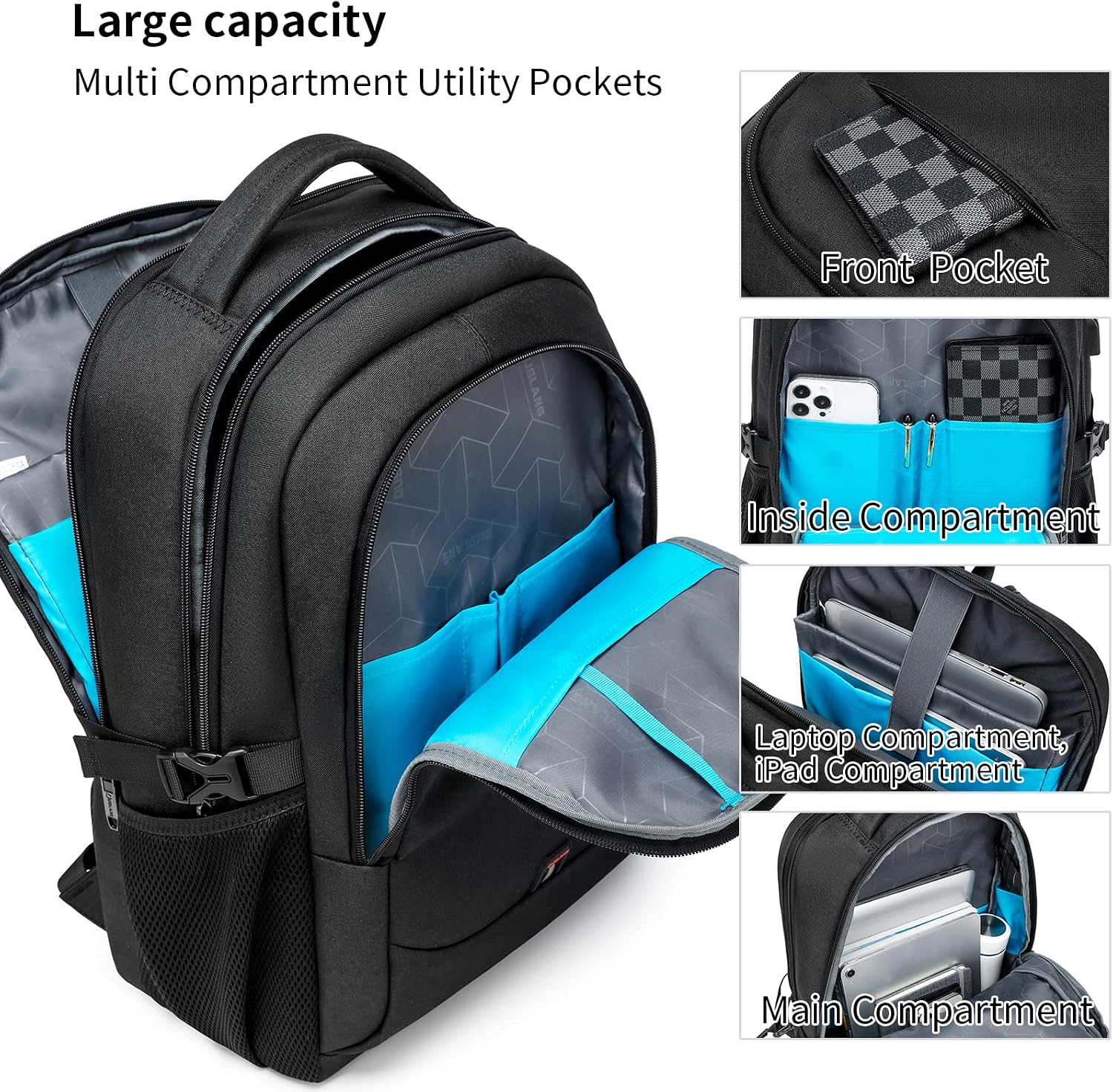MOCHILA PARA LAPTOP DUSLANG 17 PULGADAS CON PUERTO USB Y CUBIERTA IMPERMEABLE NEGRA - 3