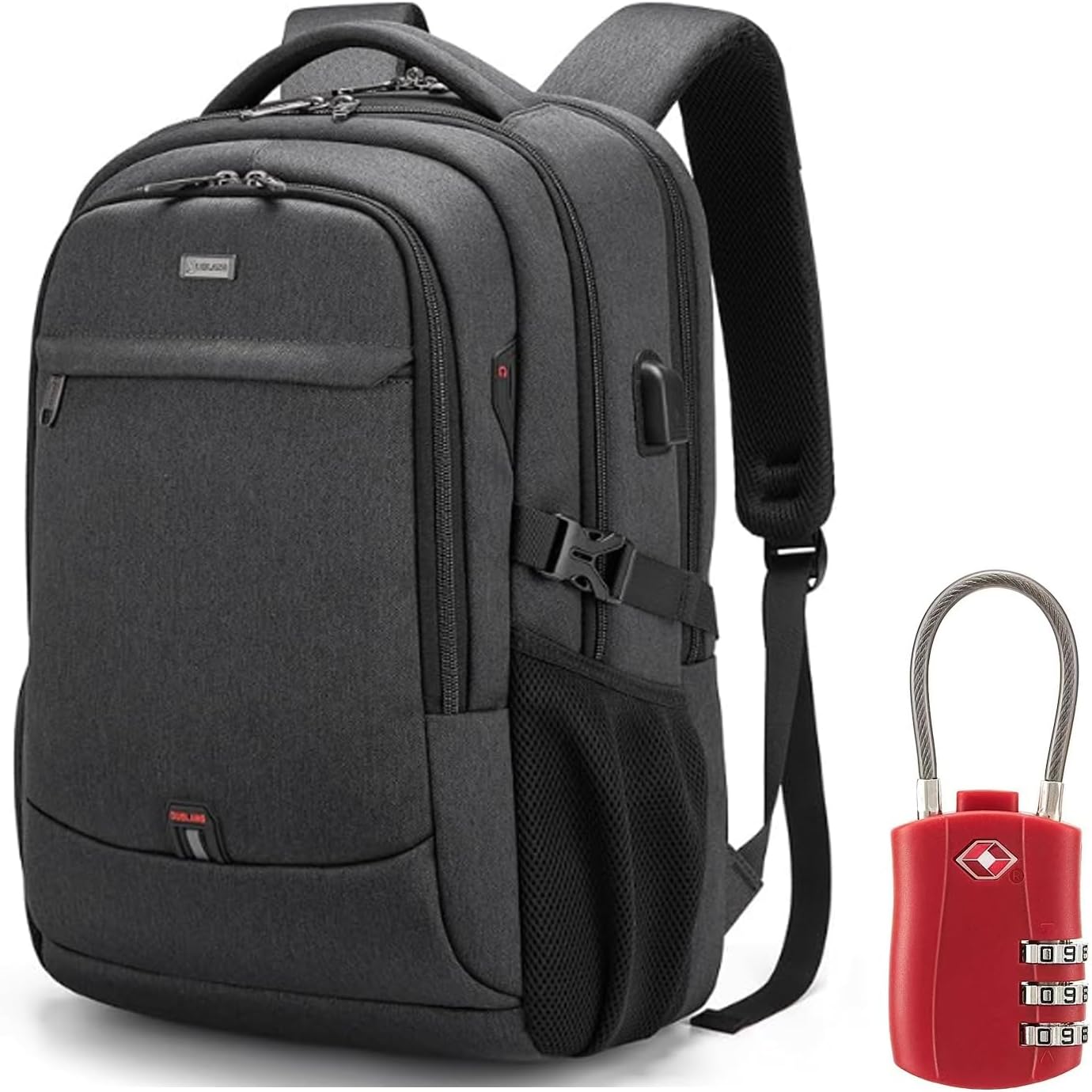 MOCHILA PARA LAPTOP DUSLANG 17 PULGADAS CON PUERTO USB Y CANDADO TSA ROJA Y NEGRA - 1