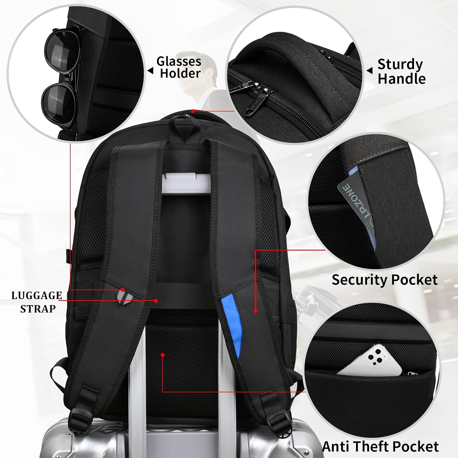 MOCHILA PARA LAPTOP DUSLANG 17 PULGADAS CON PUERTO USB Y CANDADO TSA ROJA Y NEGRA - 5