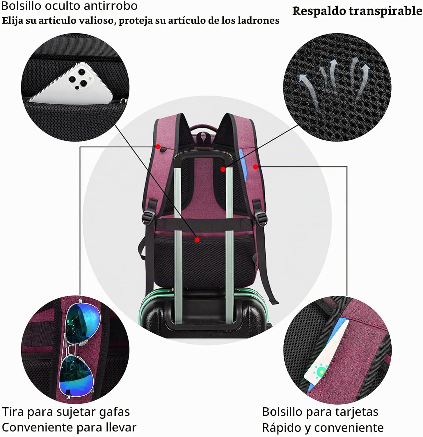 MOCHILA PARA LAPTOP DUSLANG 17 PULGADAS CON PUERTO USB PARA CARGA COLOR ROSA - 5