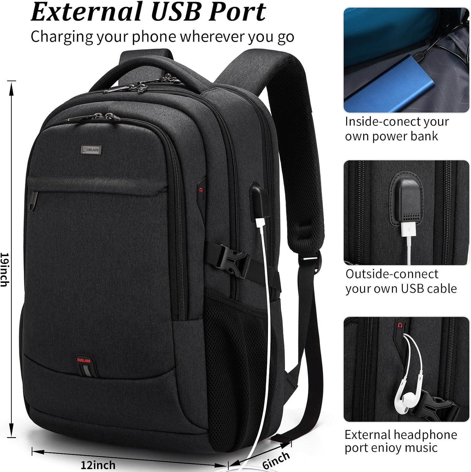 MOCHILA PARA LAPTOP DUSLANG 17 PULGADAS CON PUERTO USB Y CIERRE TSA NEGRA - 5