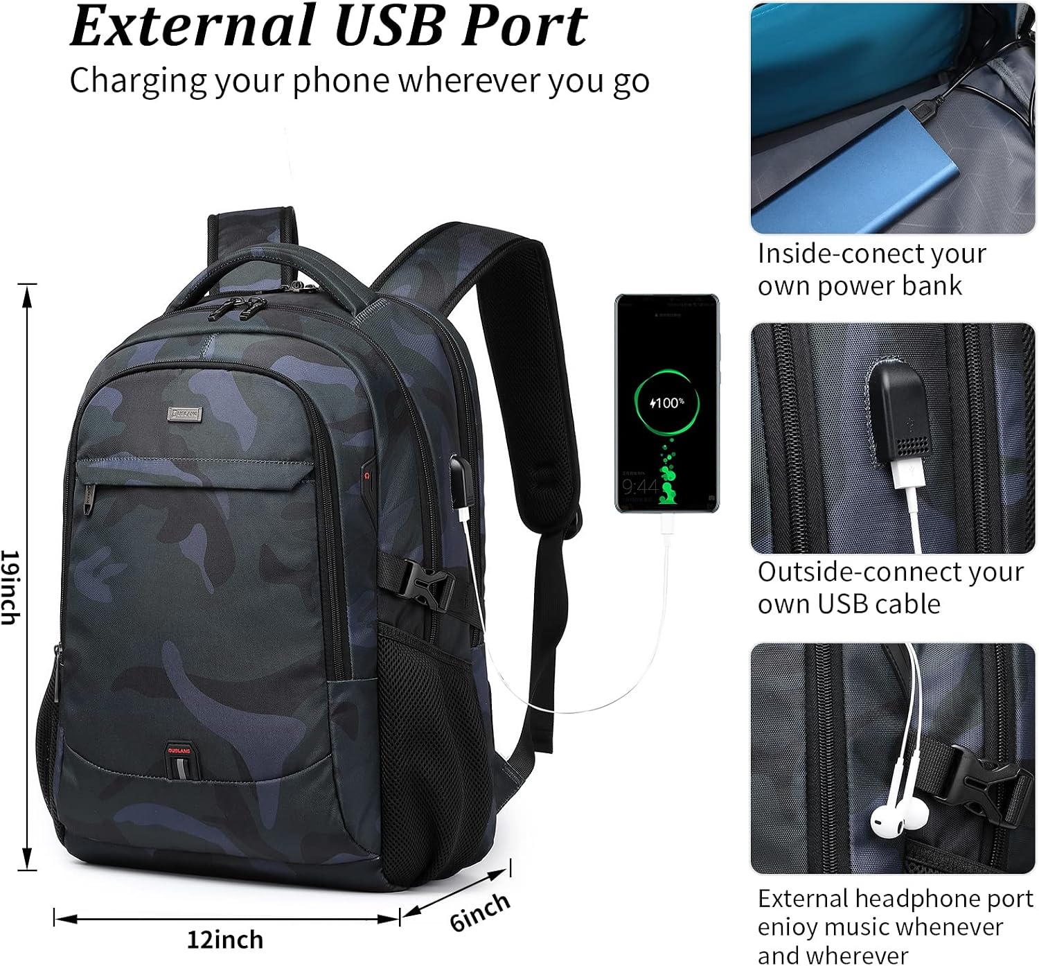 MOCHILA PARA LAPTOP DUSLANG 17 PULGADAS CON PUERTO USB Y DISEÑO CAMUFLADO VERDE - 2