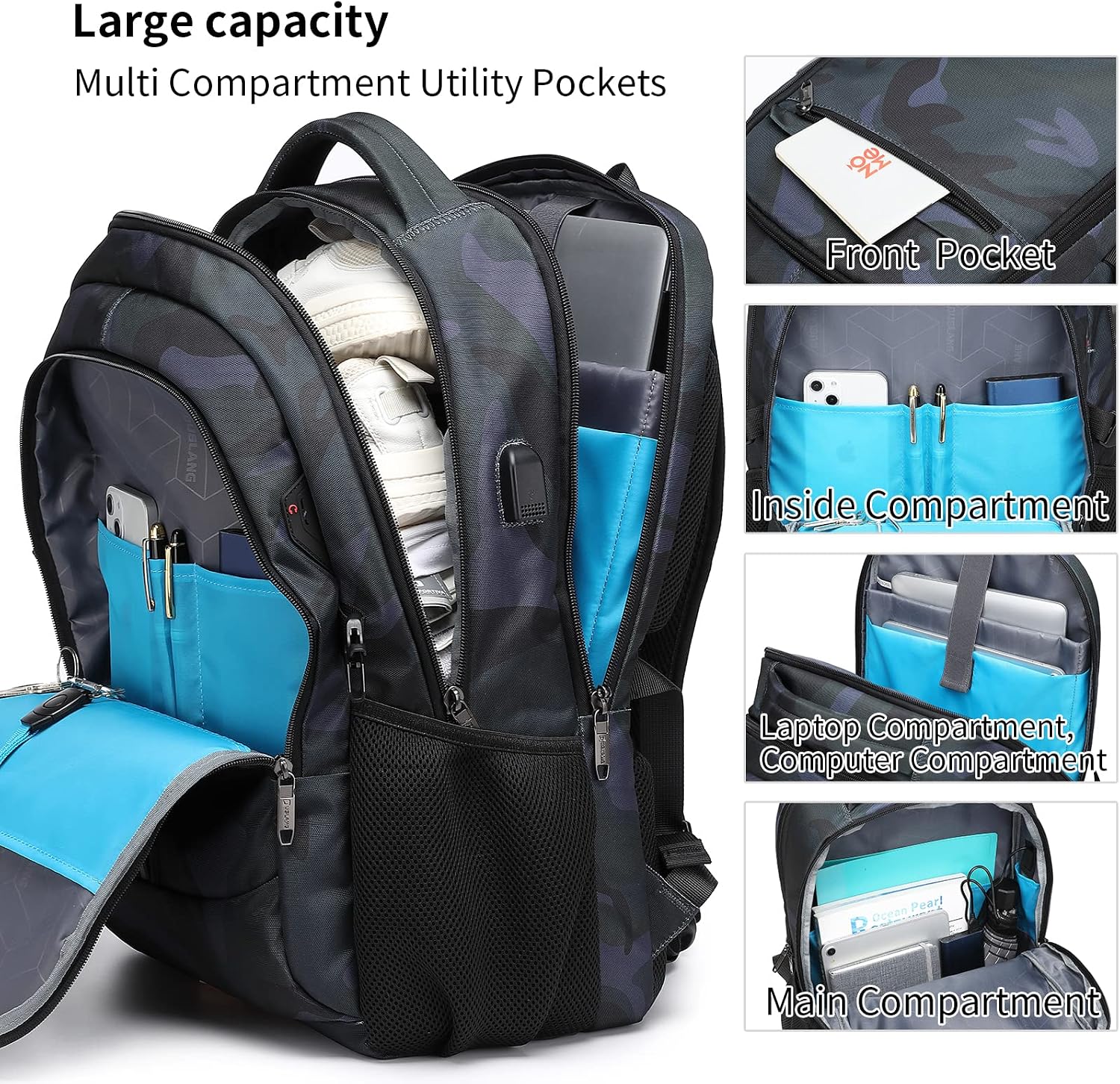MOCHILA PARA LAPTOP DUSLANG 17 PULGADAS CON PUERTO USB Y DISEÑO CAMUFLADO VERDE - 4