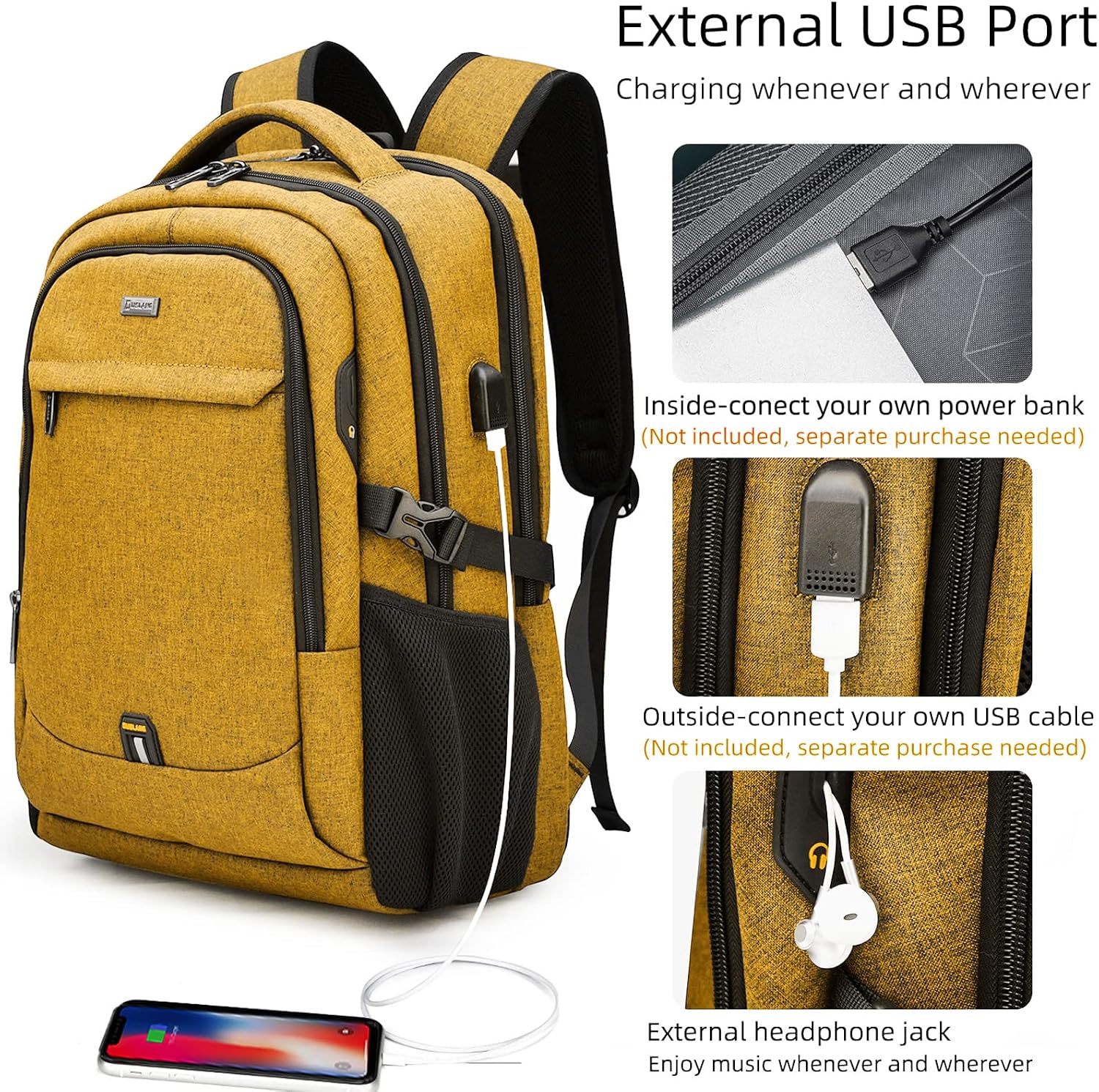 MOCHILA PARA LAPTOP DUSLANG 17 PULGADAS CON PUERTO USB Y RESISTENTE AL AGUA AMARILLO - 2