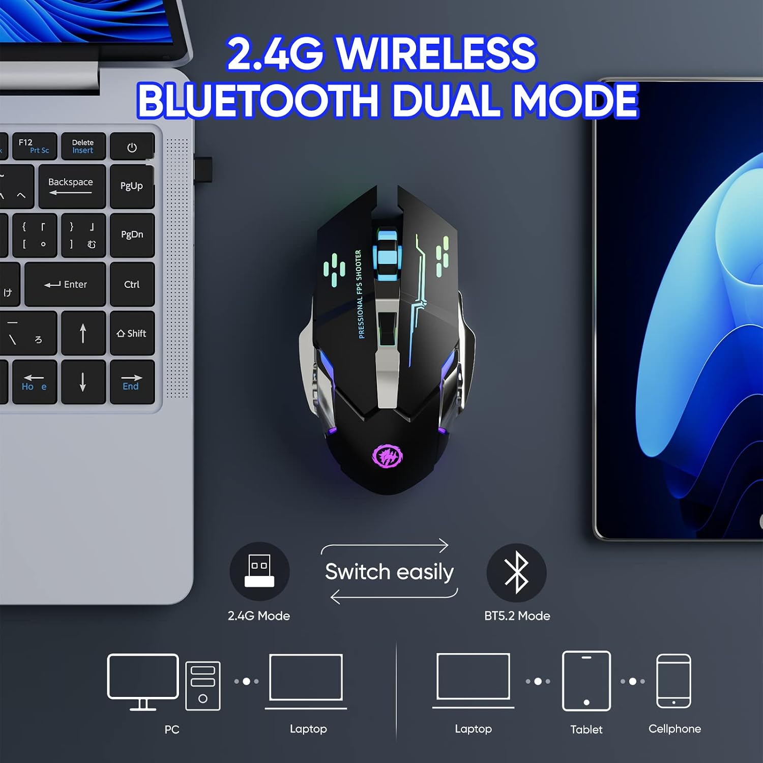 MOUSE GAMER MELOGAGA WIRELESS BLUETOOTH/2.4G RGB RECARGABLE NEGRO - 2