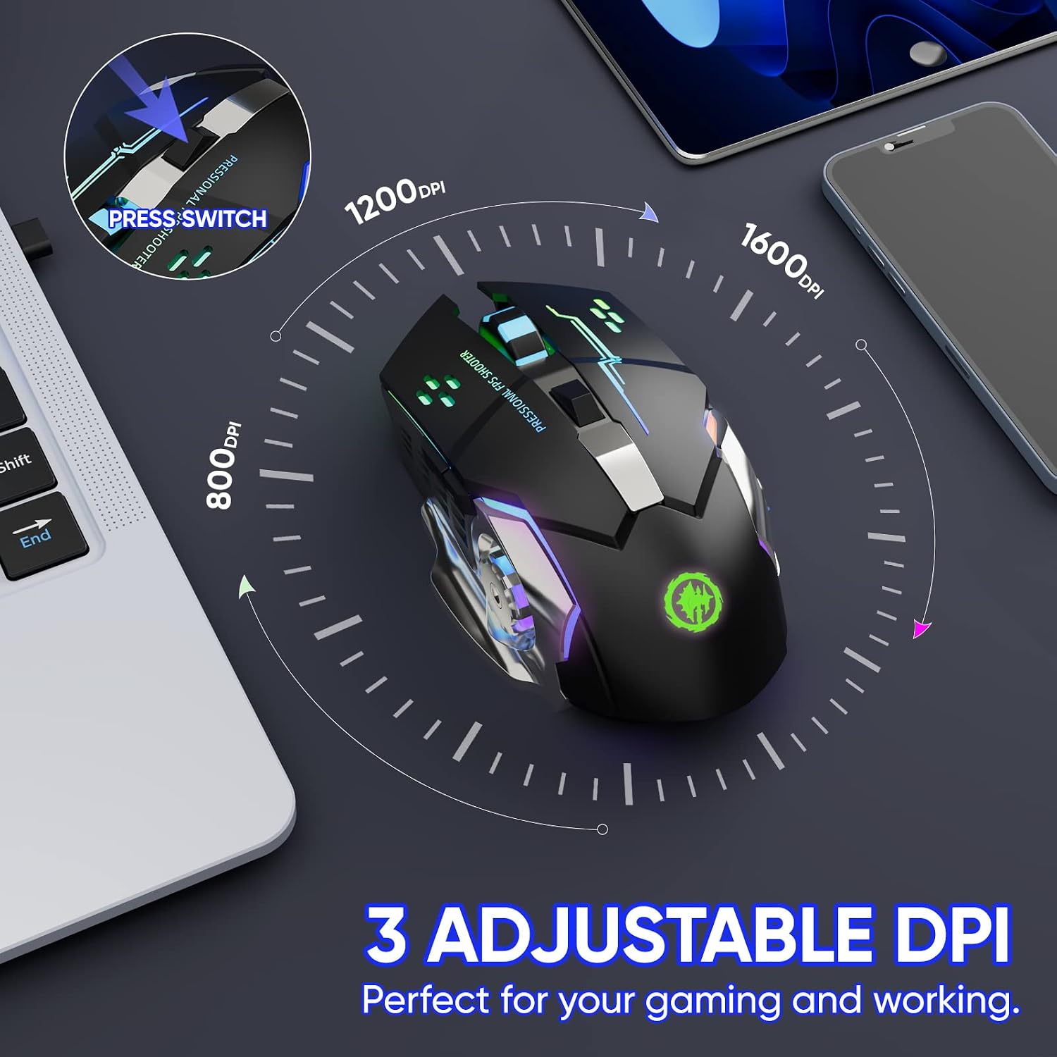 MOUSE GAMER MELOGAGA WIRELESS BLUETOOTH/2.4G RGB RECARGABLE NEGRO - 4