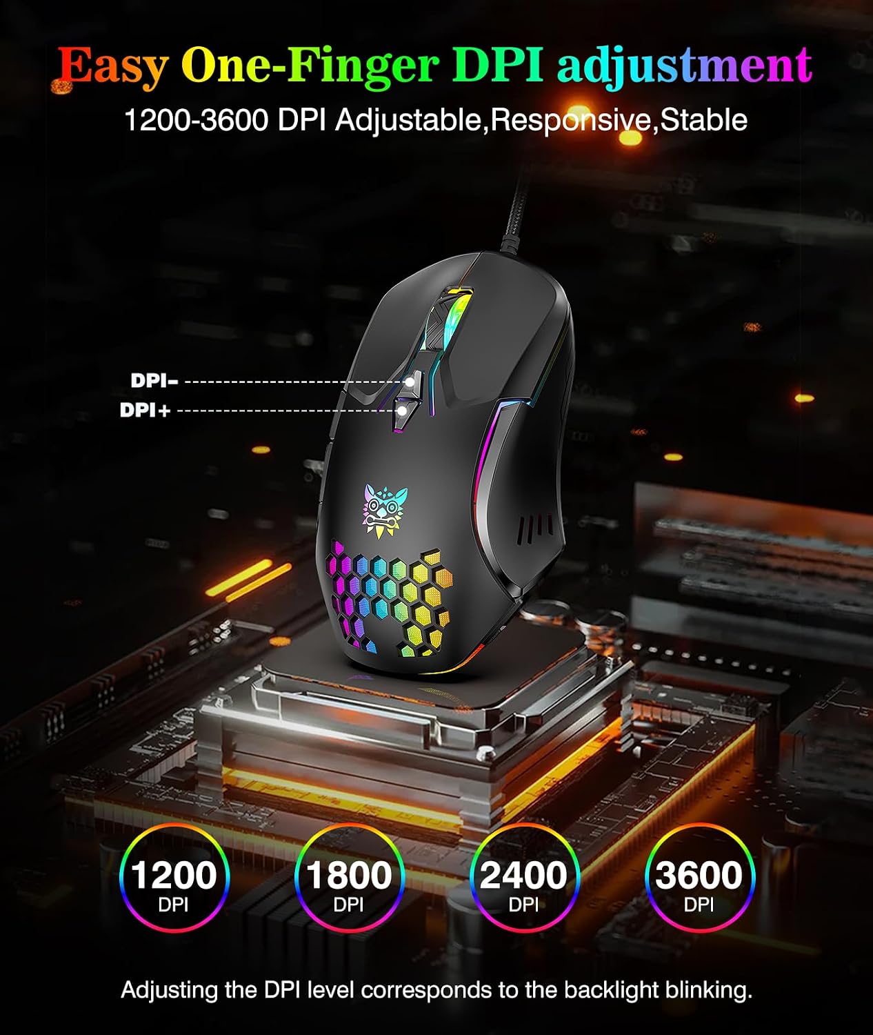 MOUSE GAMER ONIKUMA M530 CON CABLE RGB, 7 BOTONES PROGRAMABLES, DPI AJUSTABLE, ERGONÓMICO, NEGRO - 2