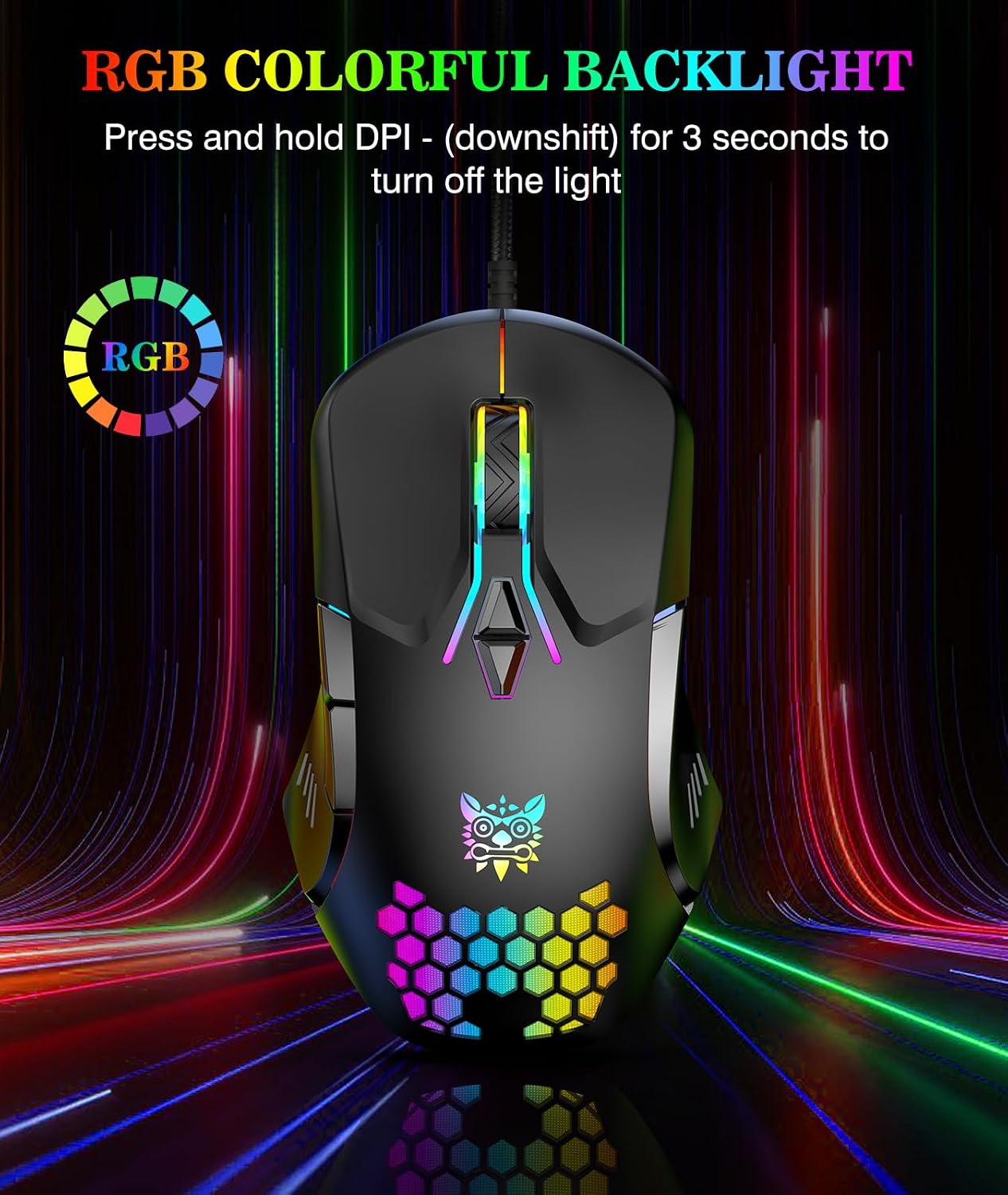 MOUSE GAMER ONIKUMA M530 CON CABLE RGB, 7 BOTONES PROGRAMABLES, DPI AJUSTABLE, ERGONÓMICO, NEGRO - 3