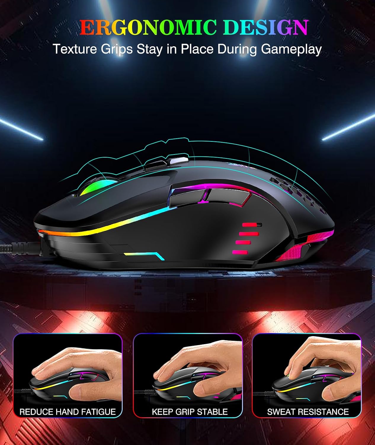 MOUSE GAMER ONIKUMA M530 CON CABLE RGB, 7 BOTONES PROGRAMABLES, DPI AJUSTABLE, ERGONÓMICO, NEGRO - 5