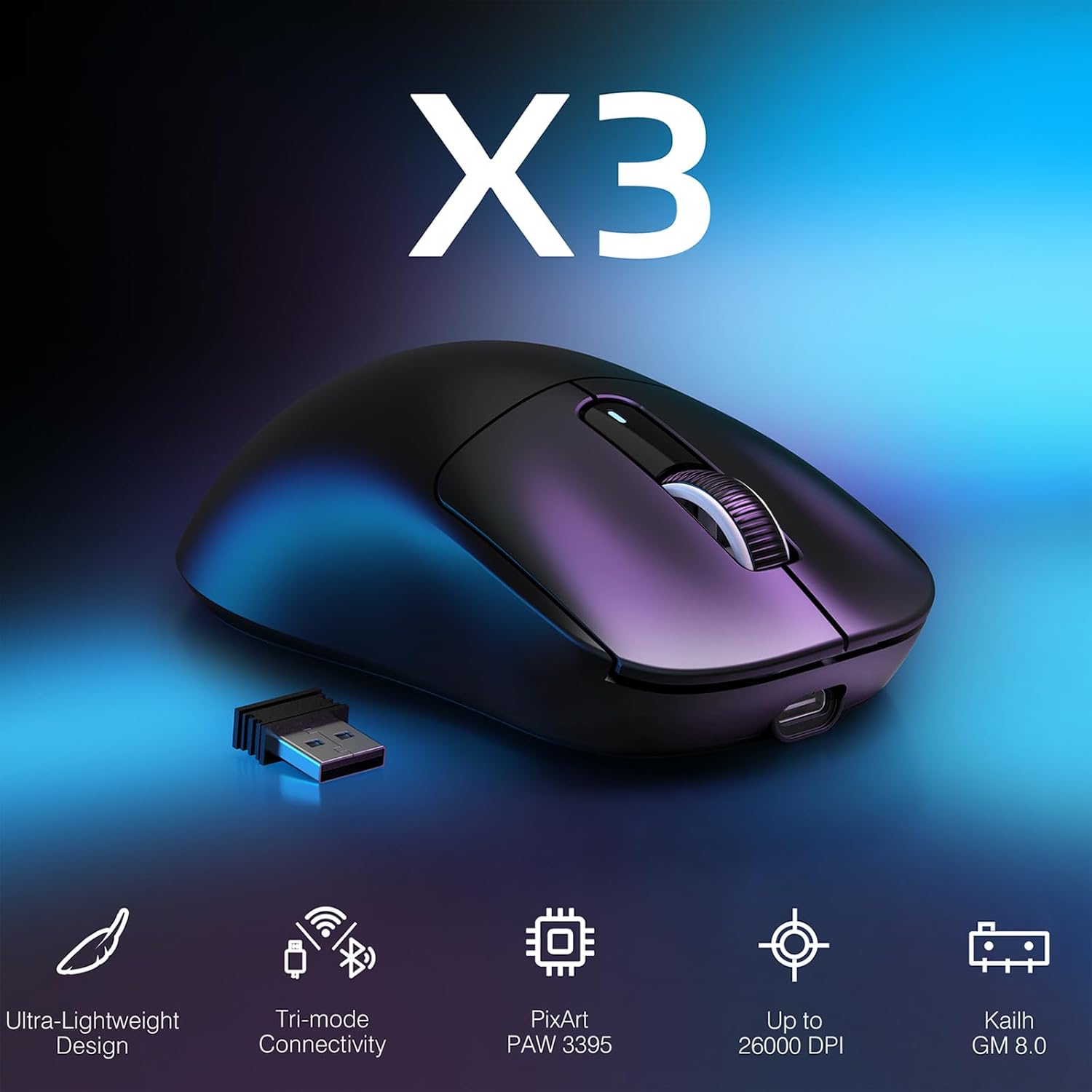 MOUSE GAMER ATTACK SHARK X3 INALÁMBRICO LIGERO 26K DPI NEGRO - 2