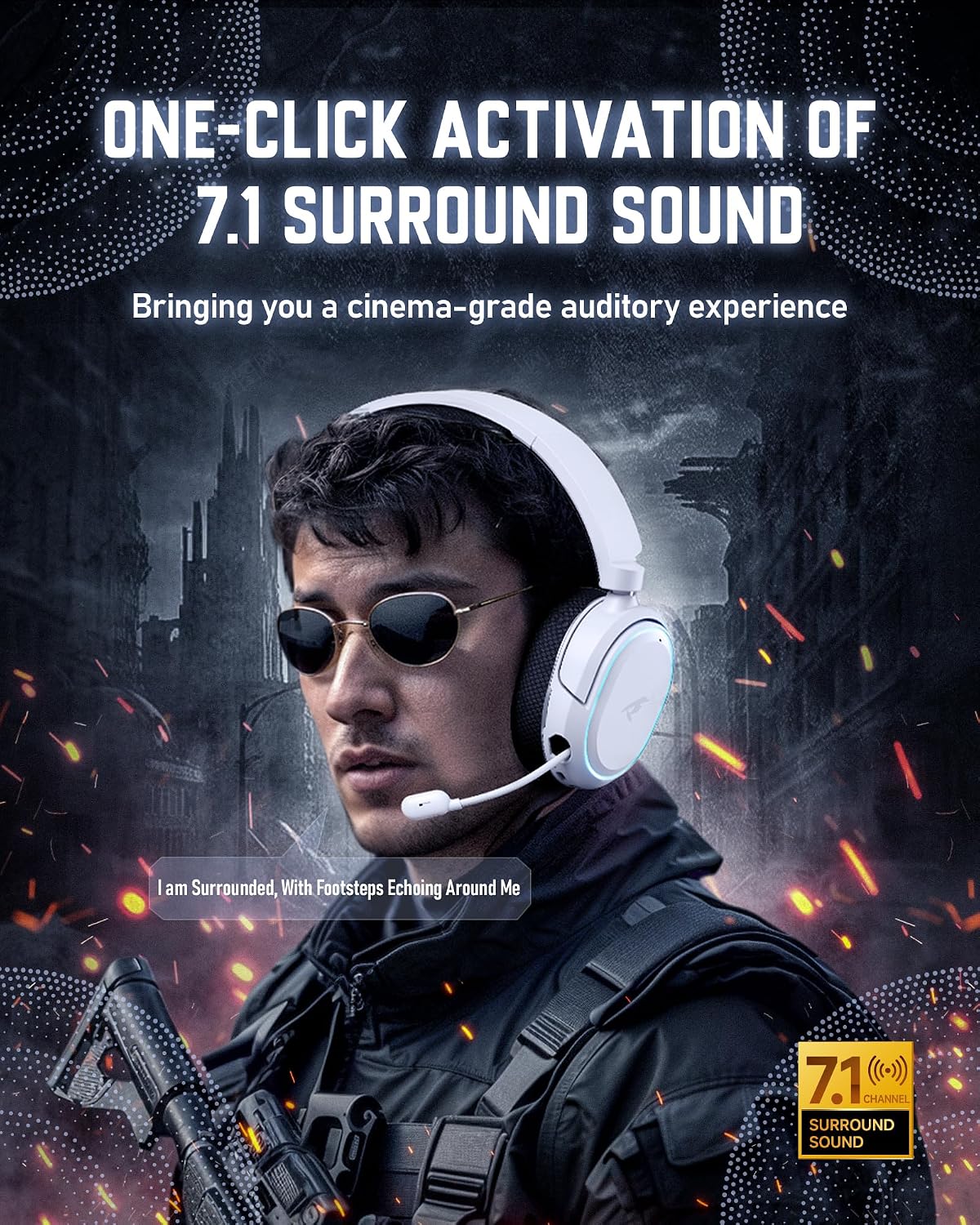 AUDÍFONOS INALÁMBRICOS PARA GAMING VALORISE UG-08S 7.1 SURROUND SOUND BLUETOOTH 5.4 RGB NEGRO Y BLANCO - 2