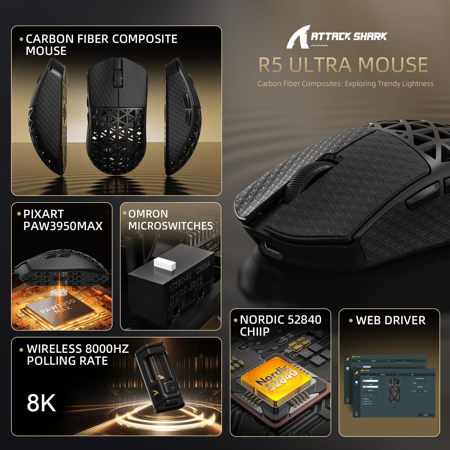 MOUSE GAMER ATTACK SHARK R5 ULTRA 8K CARBON FIBER INALÁMBRICO NEGRO - 2