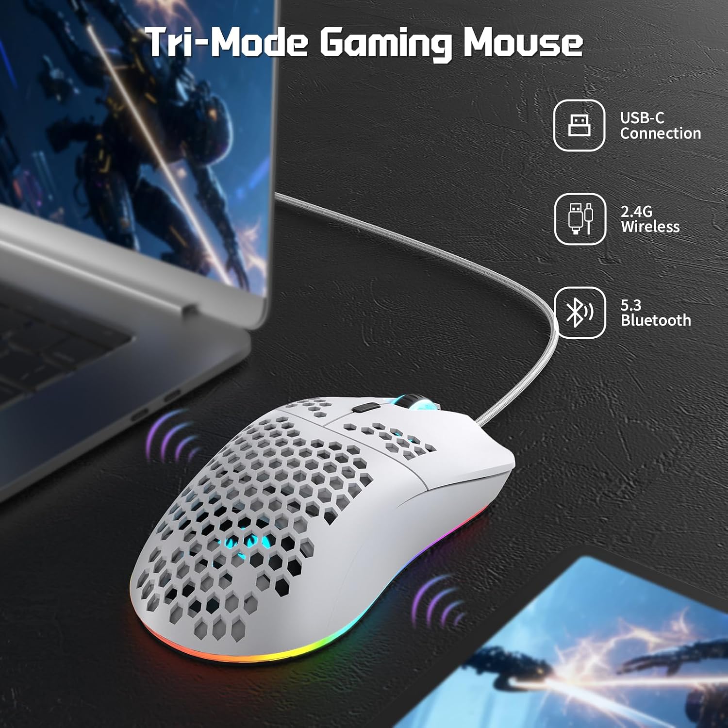 MOUSE GAMER FREEWOLF HXSJ T66 TRI-MODE SUPERLIGERO HONEYCOMB BLANCO - 4