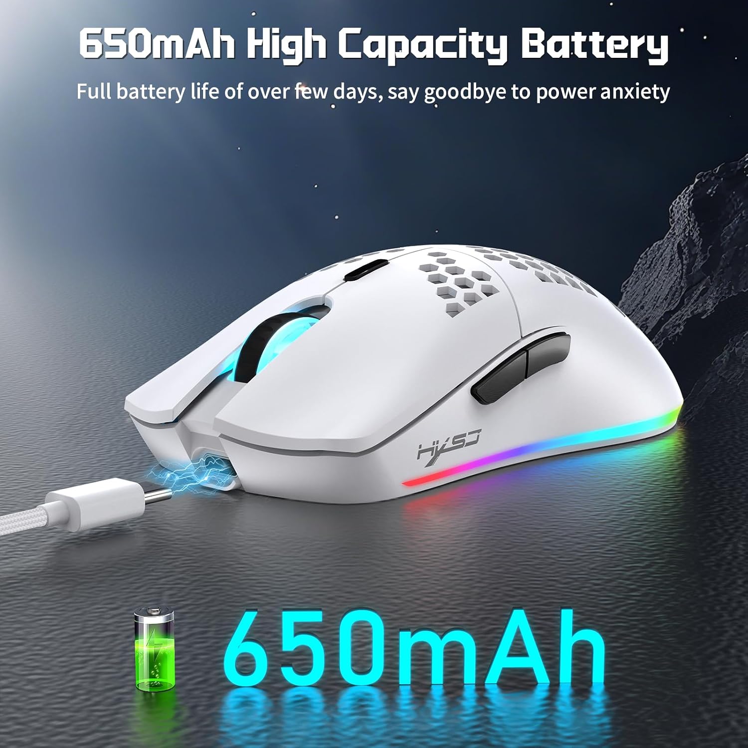 MOUSE GAMER FREEWOLF HXSJ T66 TRI-MODE SUPERLIGERO HONEYCOMB BLANCO - 5