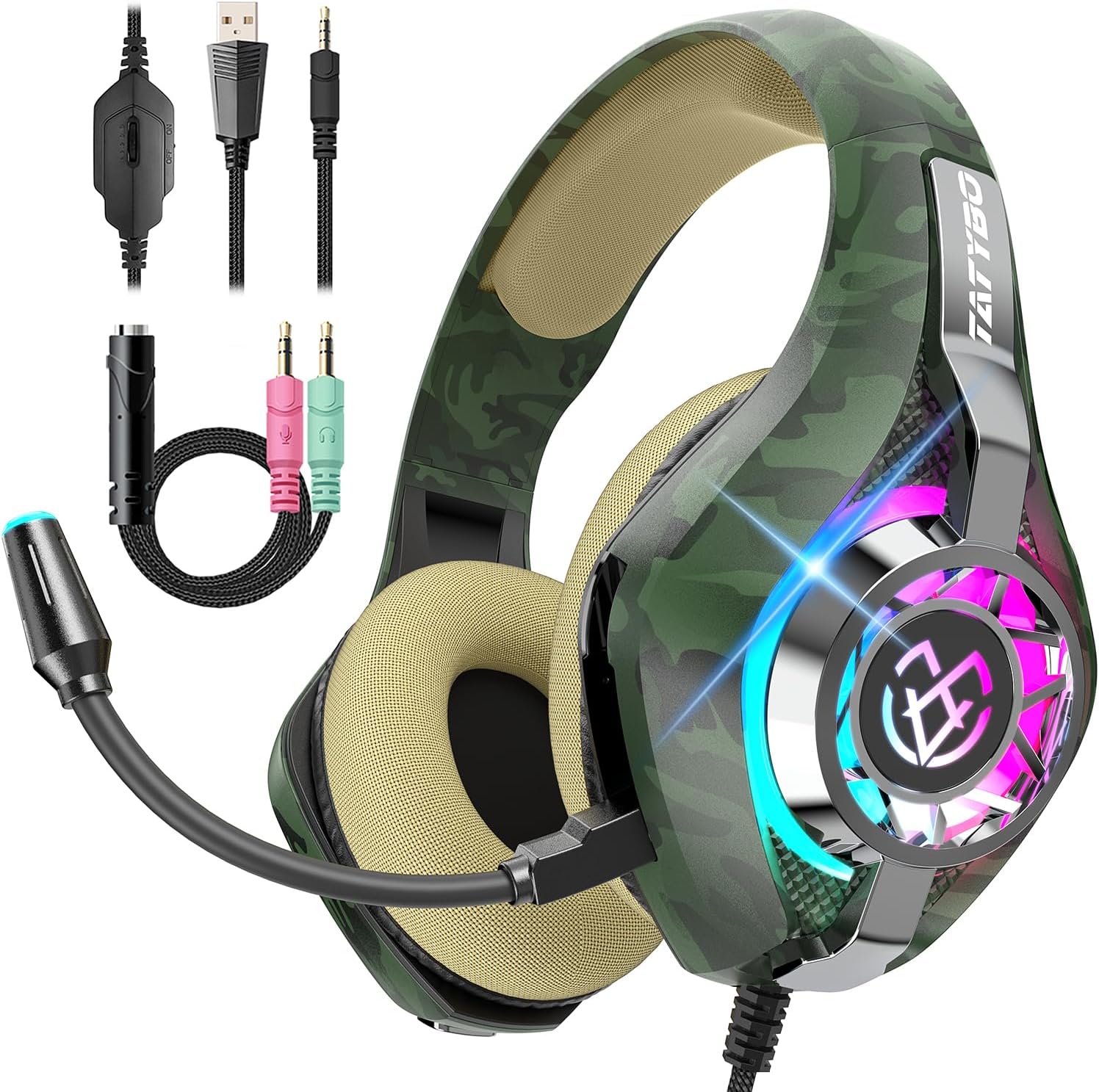 AUDÍFONOS GAMING TATYBO PARA PS5 Y PC CON MICRÓFONO CANCELADOR DE RUIDO Y RGB CAMUFLAJE - 1