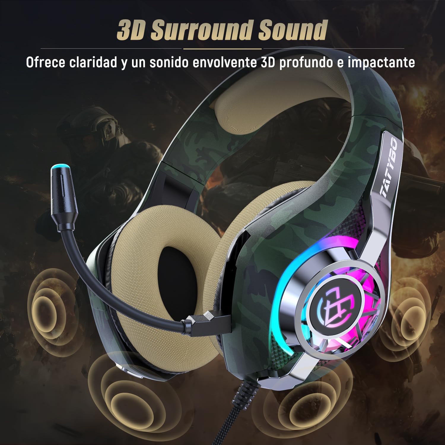 AUDÍFONOS GAMING TATYBO PARA PS5 Y PC CON MICRÓFONO CANCELADOR DE RUIDO Y RGB CAMUFLAJE - 2
