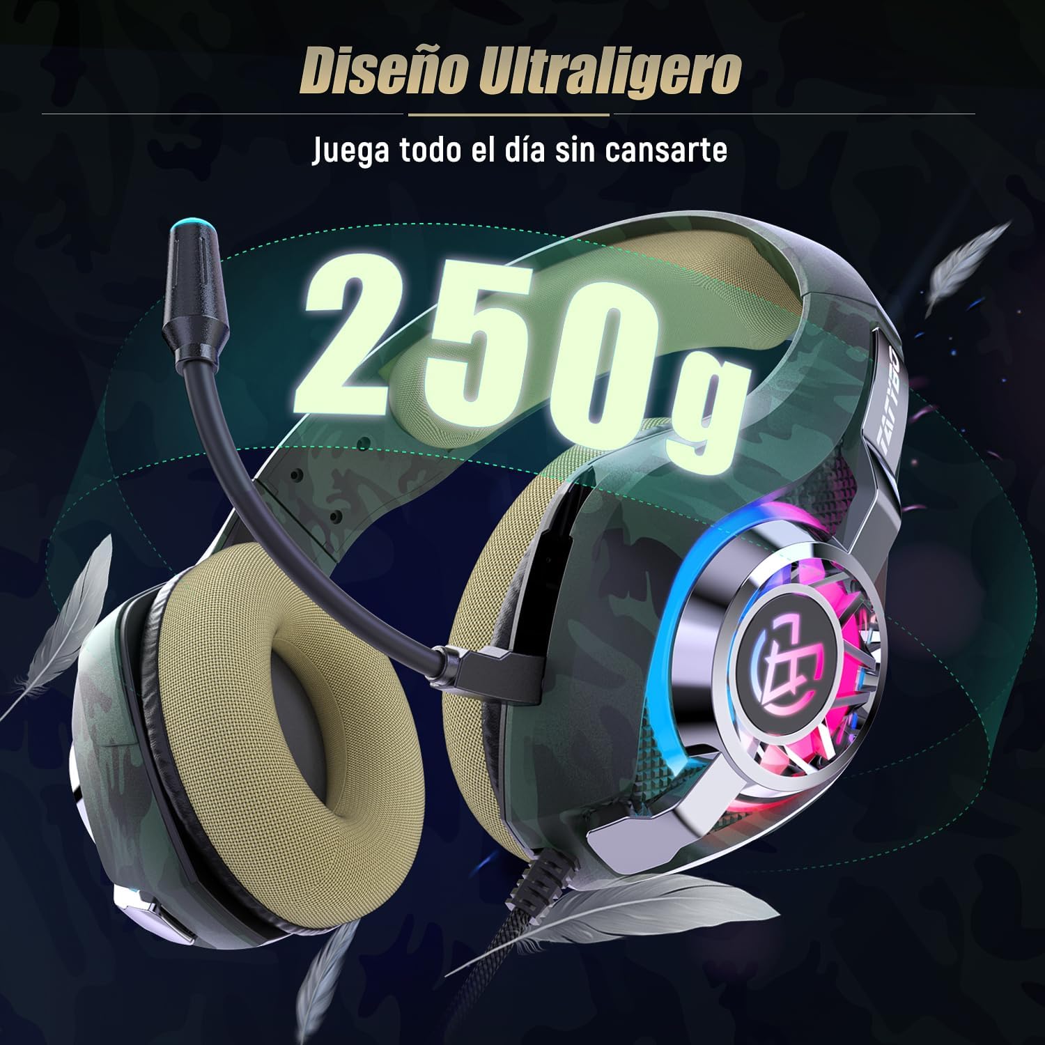 AUDÍFONOS GAMING TATYBO PARA PS5 Y PC CON MICRÓFONO CANCELADOR DE RUIDO Y RGB CAMUFLAJE - 3