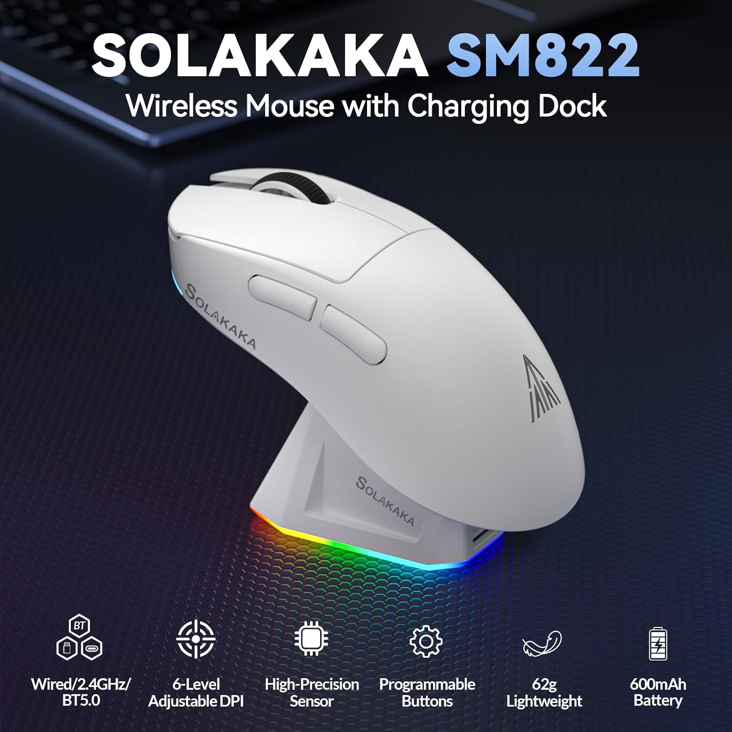 MOUSE GAMER SOLAKAKA SM822 INALÁMBRICO CON BASE DE CARGA, SENSOR PAW3311, HASTA 24,000 DPI, 62G, 5 BOTONES PROGRAMABLES, BLANCO - 2