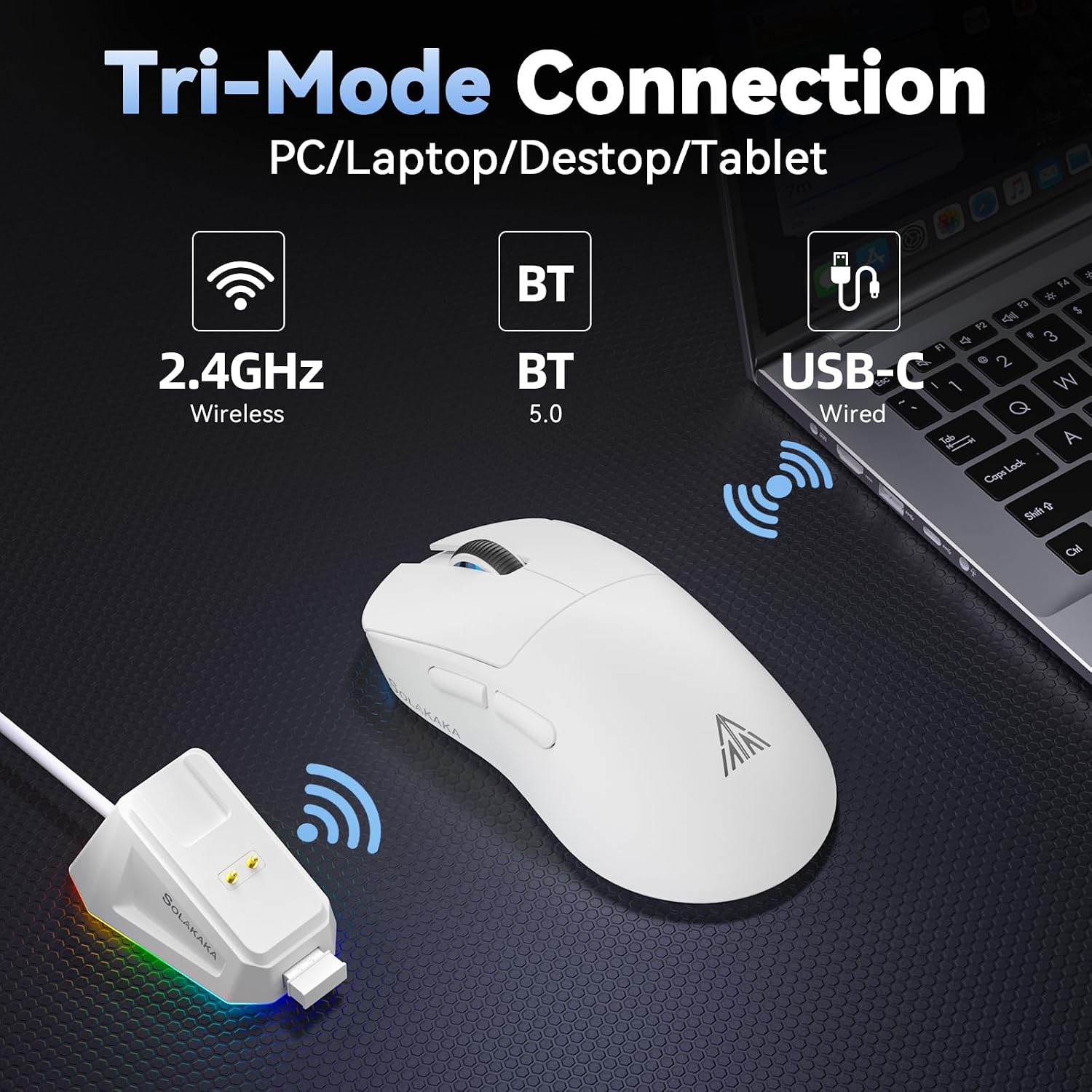 MOUSE GAMER SOLAKAKA SM822 INALÁMBRICO CON BASE DE CARGA, SENSOR PAW3311, HASTA 24,000 DPI, 62G, 5 BOTONES PROGRAMABLES, BLANCO - 3