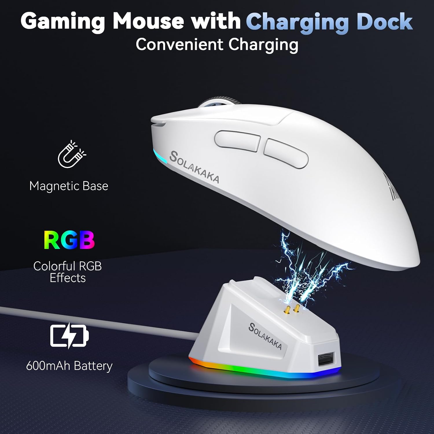 MOUSE GAMER SOLAKAKA SM822 INALÁMBRICO CON BASE DE CARGA, SENSOR PAW3311, HASTA 24,000 DPI, 62G, 5 BOTONES PROGRAMABLES, BLANCO - 4
