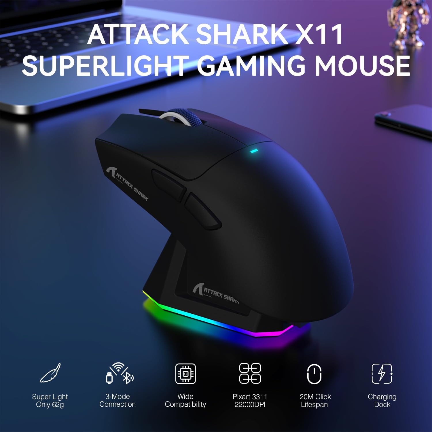 MOUSE GAMER ATTACK SHARK X11 WIRELESS PAW3311 22000 DPI NEGRO - 2
