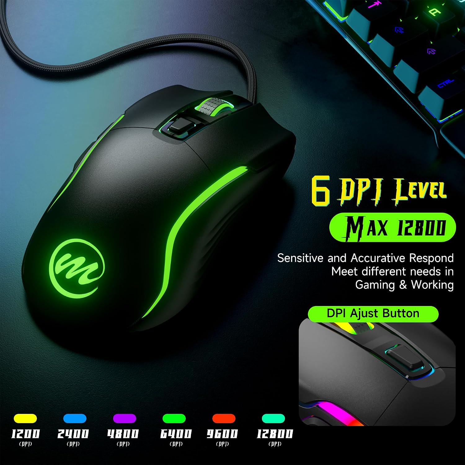 MOUSE GAMER MEMZUOIX CON CABLE RGB 6 DPI AJUSTABLES HASTA 12800 6 BOTONES 12 MODOS DE ILUMINACIÓN DISEÑO ERGONÓMICO NEGRO - 2
