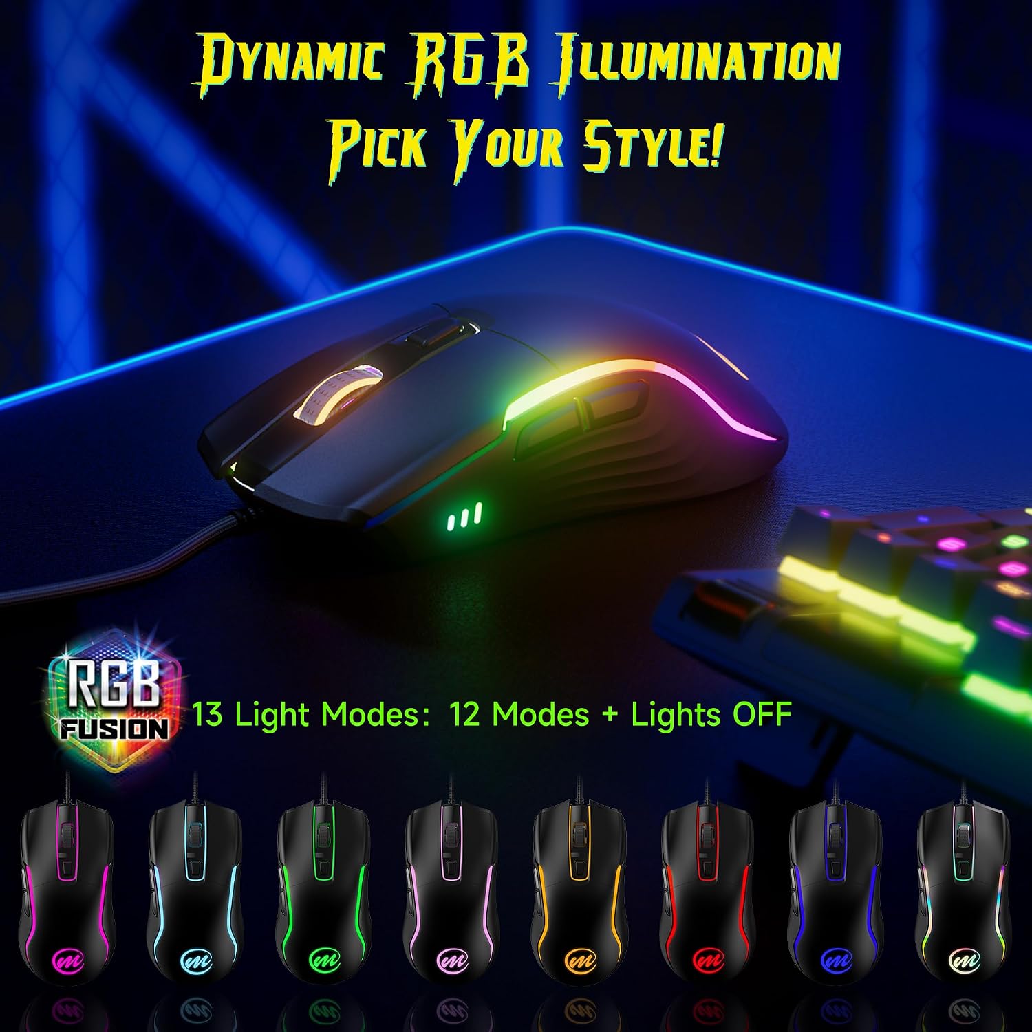 MOUSE GAMER MEMZUOIX CON CABLE RGB 6 DPI AJUSTABLES HASTA 12800 6 BOTONES 12 MODOS DE ILUMINACIÓN DISEÑO ERGONÓMICO NEGRO - 3