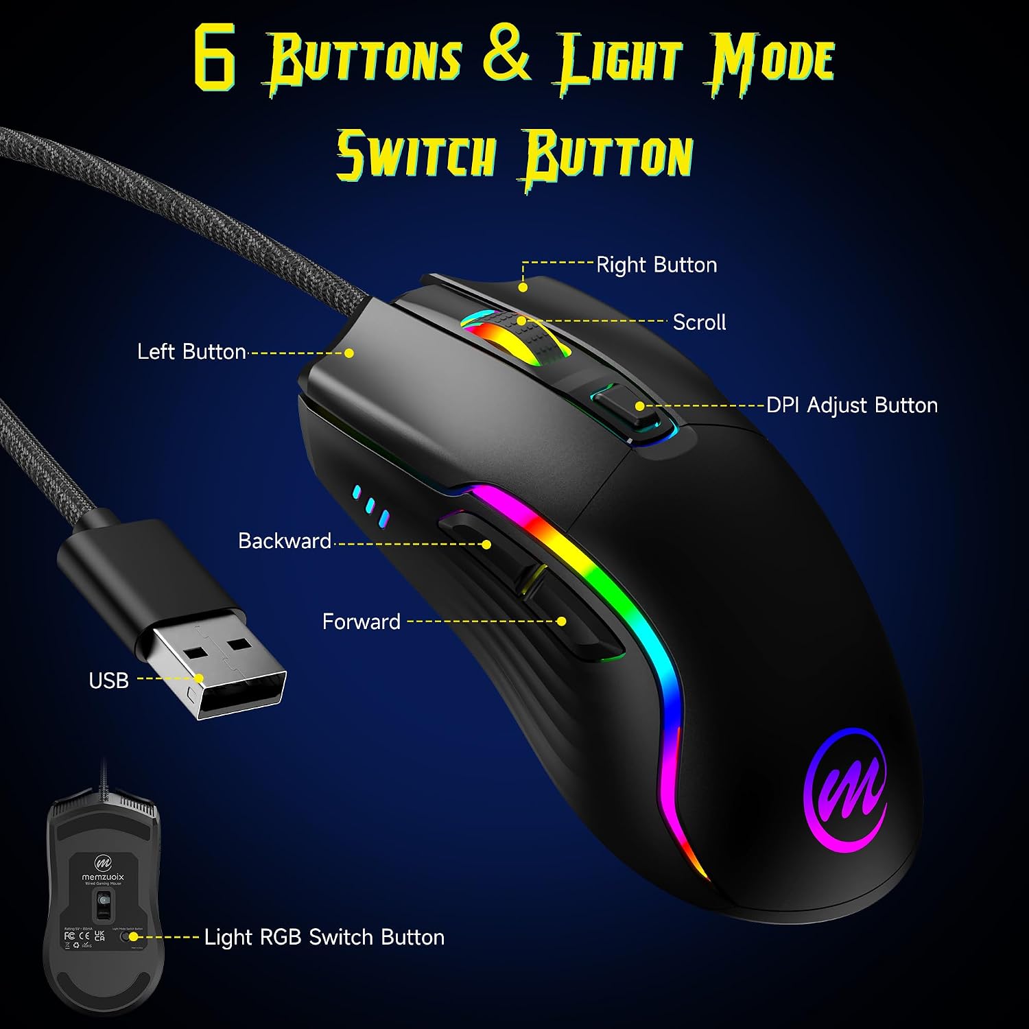 MOUSE GAMER MEMZUOIX CON CABLE RGB 6 DPI AJUSTABLES HASTA 12800 6 BOTONES 12 MODOS DE ILUMINACIÓN DISEÑO ERGONÓMICO NEGRO - 4