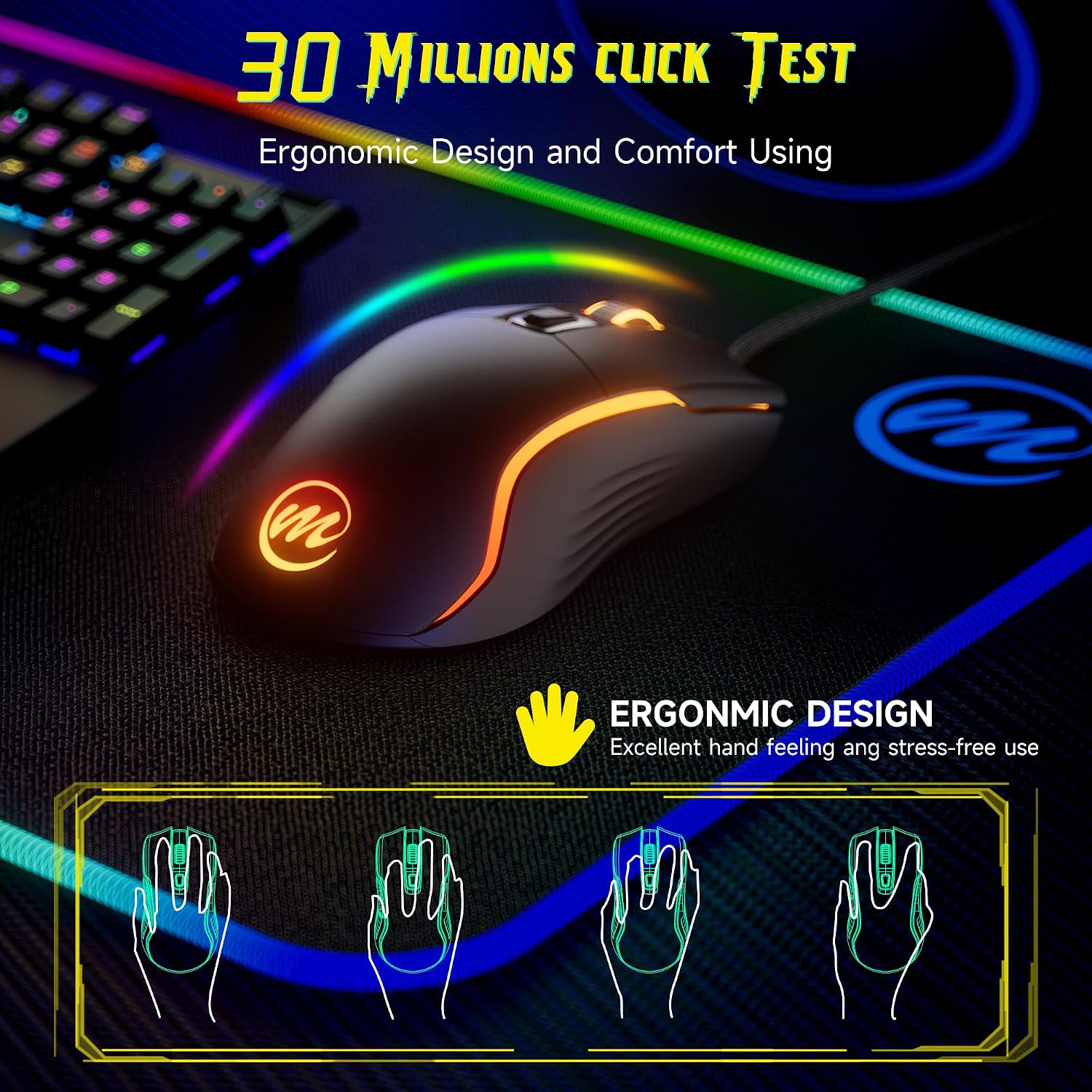 MOUSE GAMER MEMZUOIX CON CABLE RGB 6 DPI AJUSTABLES HASTA 12800 6 BOTONES 12 MODOS DE ILUMINACIÓN DISEÑO ERGONÓMICO NEGRO - 5