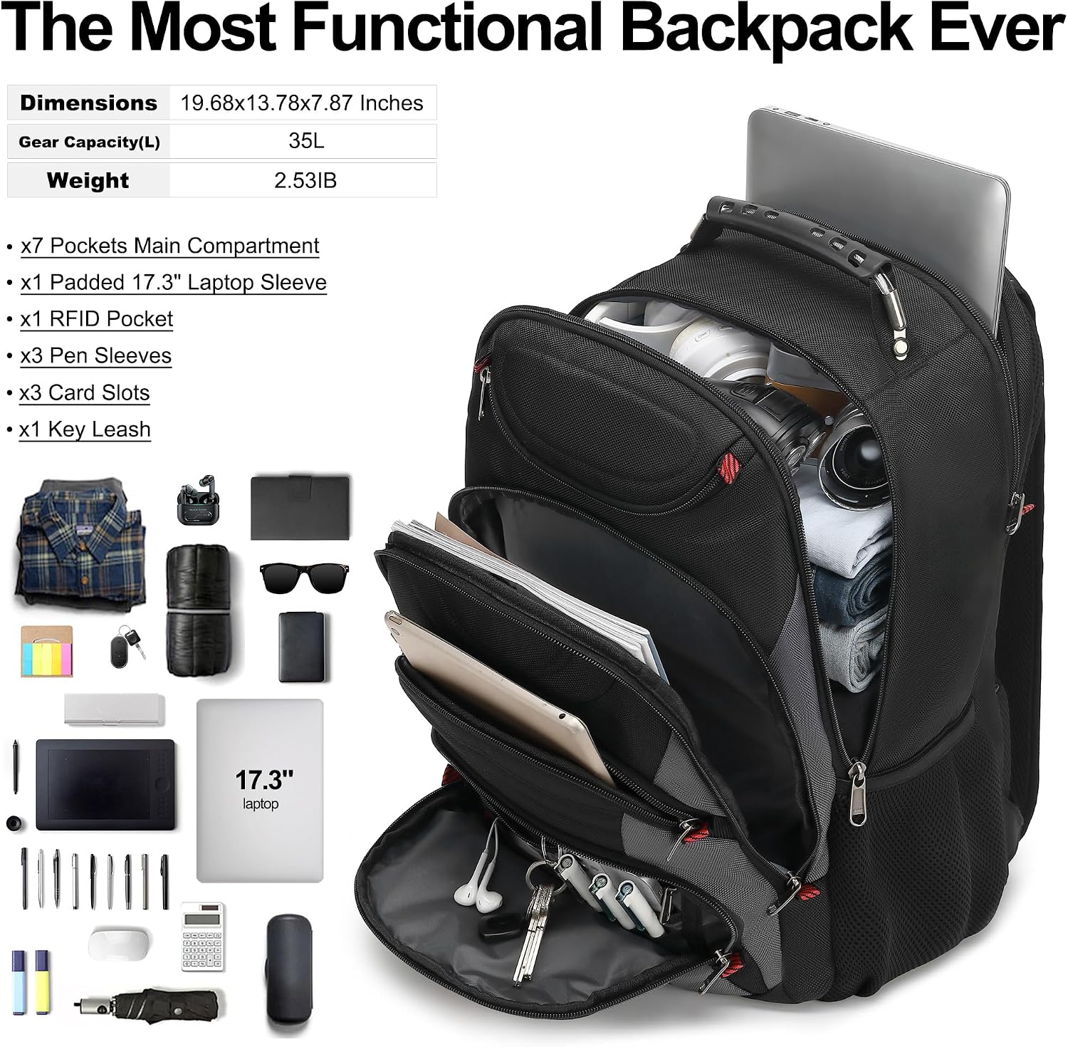 MOCHILA PARA LAPTOP BOAVAN 17.3 PULGADAS CON PUERTO USB IMPERMEABLE NEGRO Y GRIS OSCURO - 5