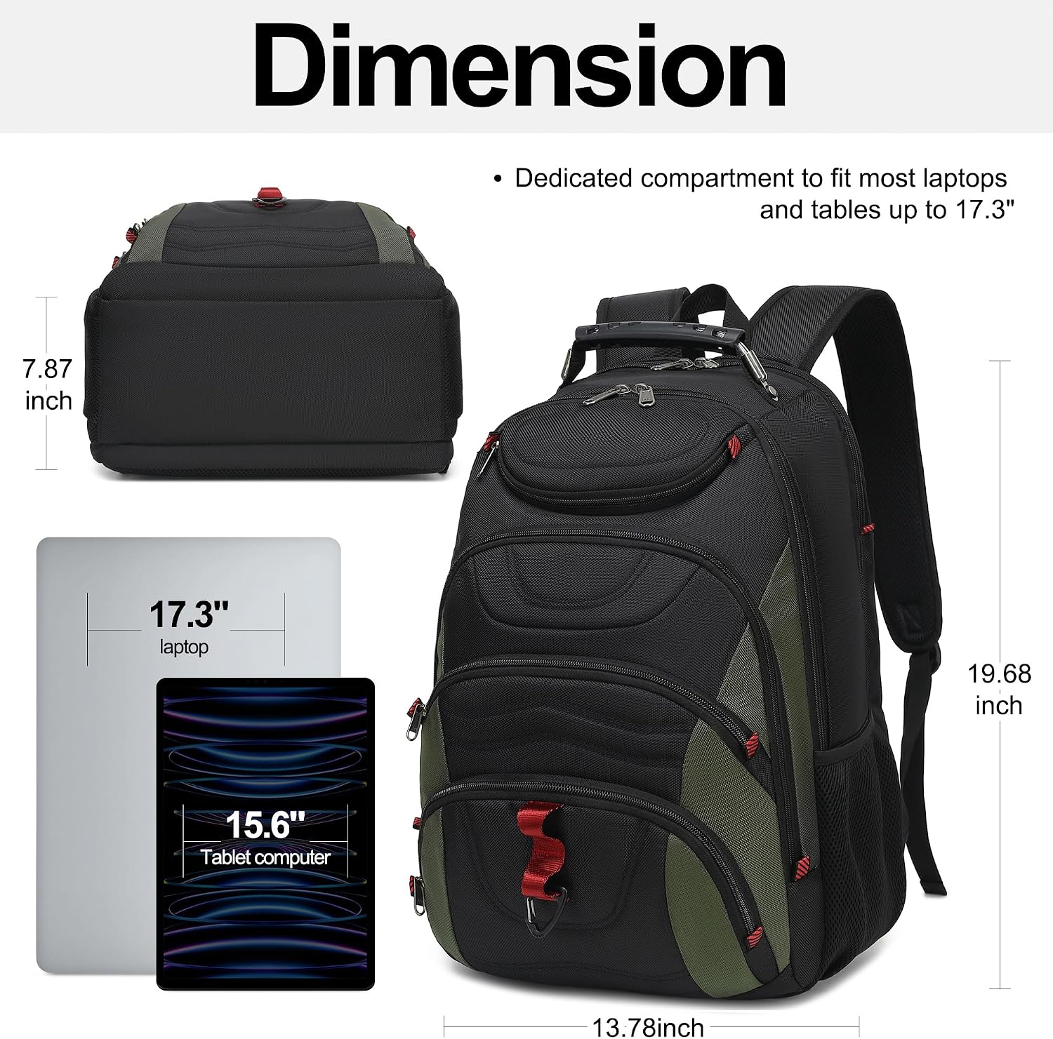 MOCHILA PARA LAPTOP BOAVAN 17.3 PULGADAS CON PUERTO USB IMPERMEABLE NEGRO Y VERDE MILITAR - 2