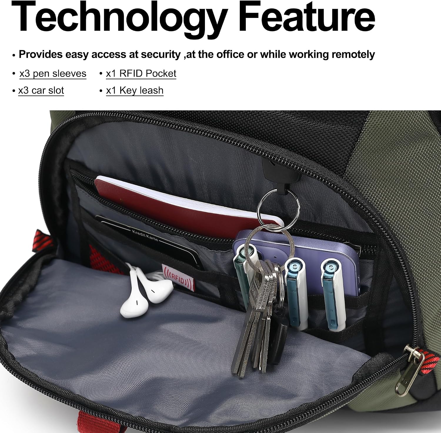 MOCHILA PARA LAPTOP BOAVAN 17.3 PULGADAS CON PUERTO USB IMPERMEABLE NEGRO Y VERDE MILITAR - 3