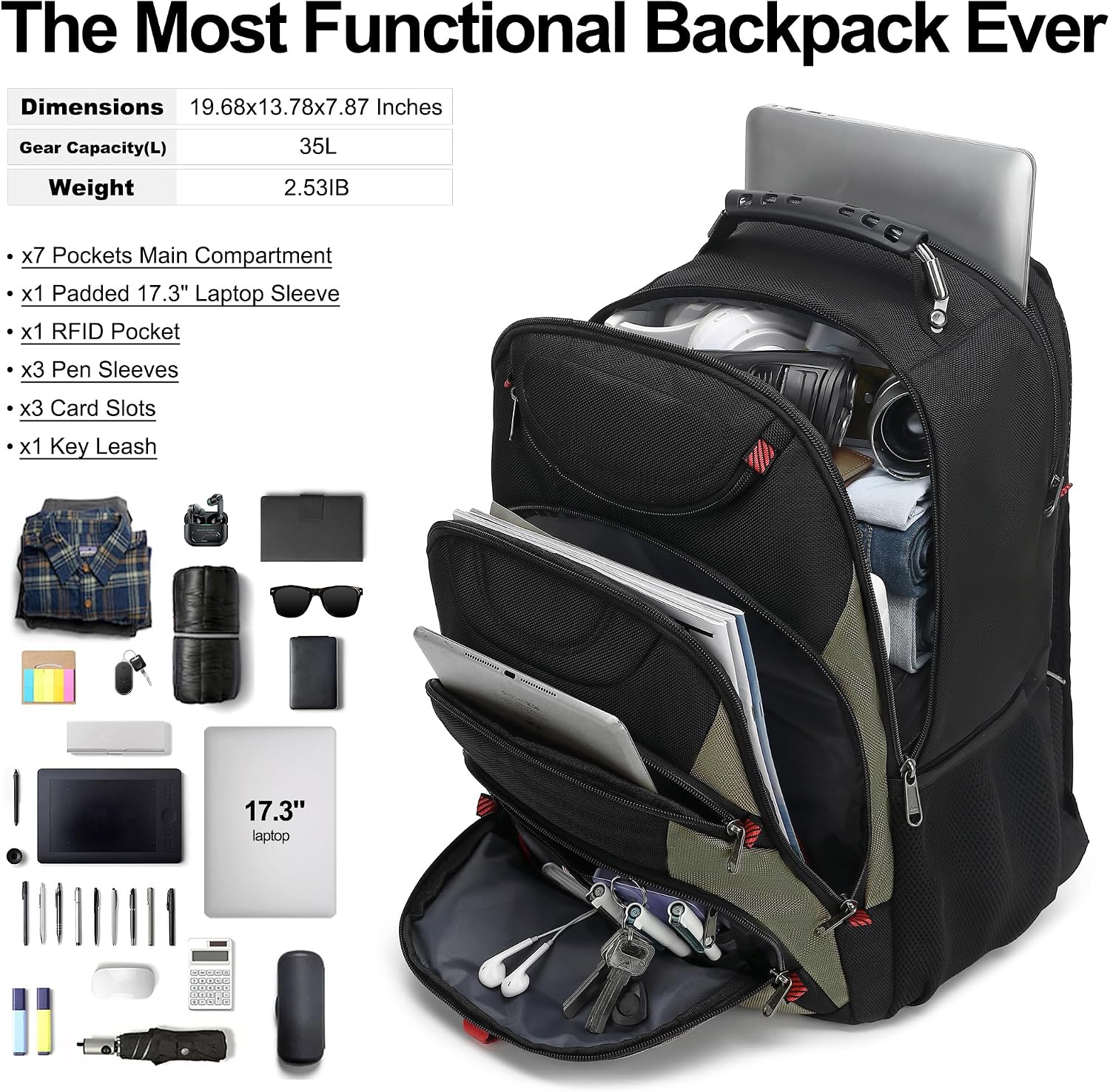 MOCHILA PARA LAPTOP BOAVAN 17.3 PULGADAS CON PUERTO USB IMPERMEABLE NEGRO Y VERDE MILITAR - 5