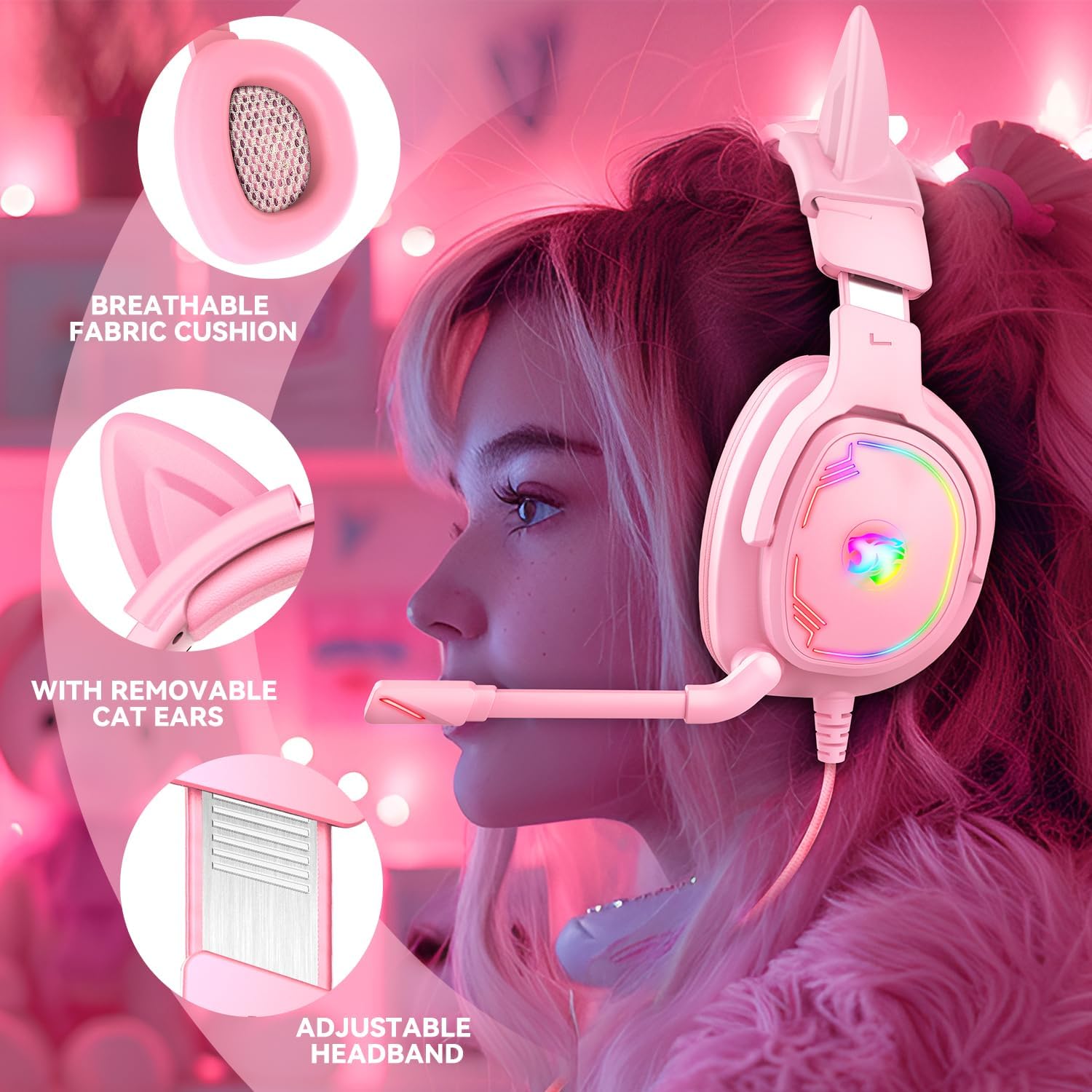 AUDÍFONOS GAMING JIMONYER OVER EAR CON MICRÓFONO, SONIDO 7.1, RGB, ROSA - 3