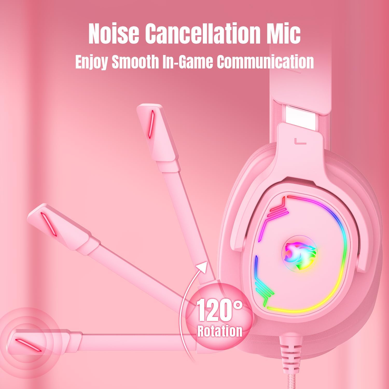 AUDÍFONOS GAMING JIMONYER OVER EAR CON MICRÓFONO, SONIDO 7.1, RGB, ROSA - 4