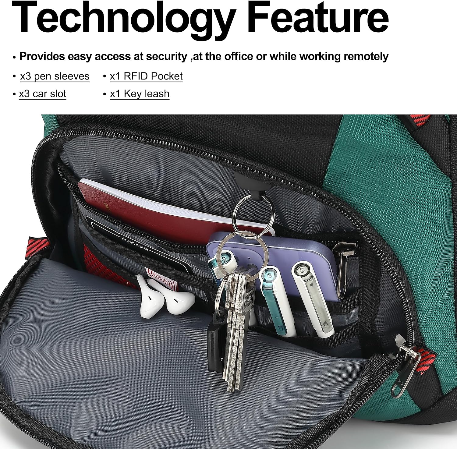 MOCHILA PARA LAPTOP BOAVAN 17.3 PULGADAS CON PUERTO USB IMPERMEABLE NEGRO Y VERDE ENEBRO - 3