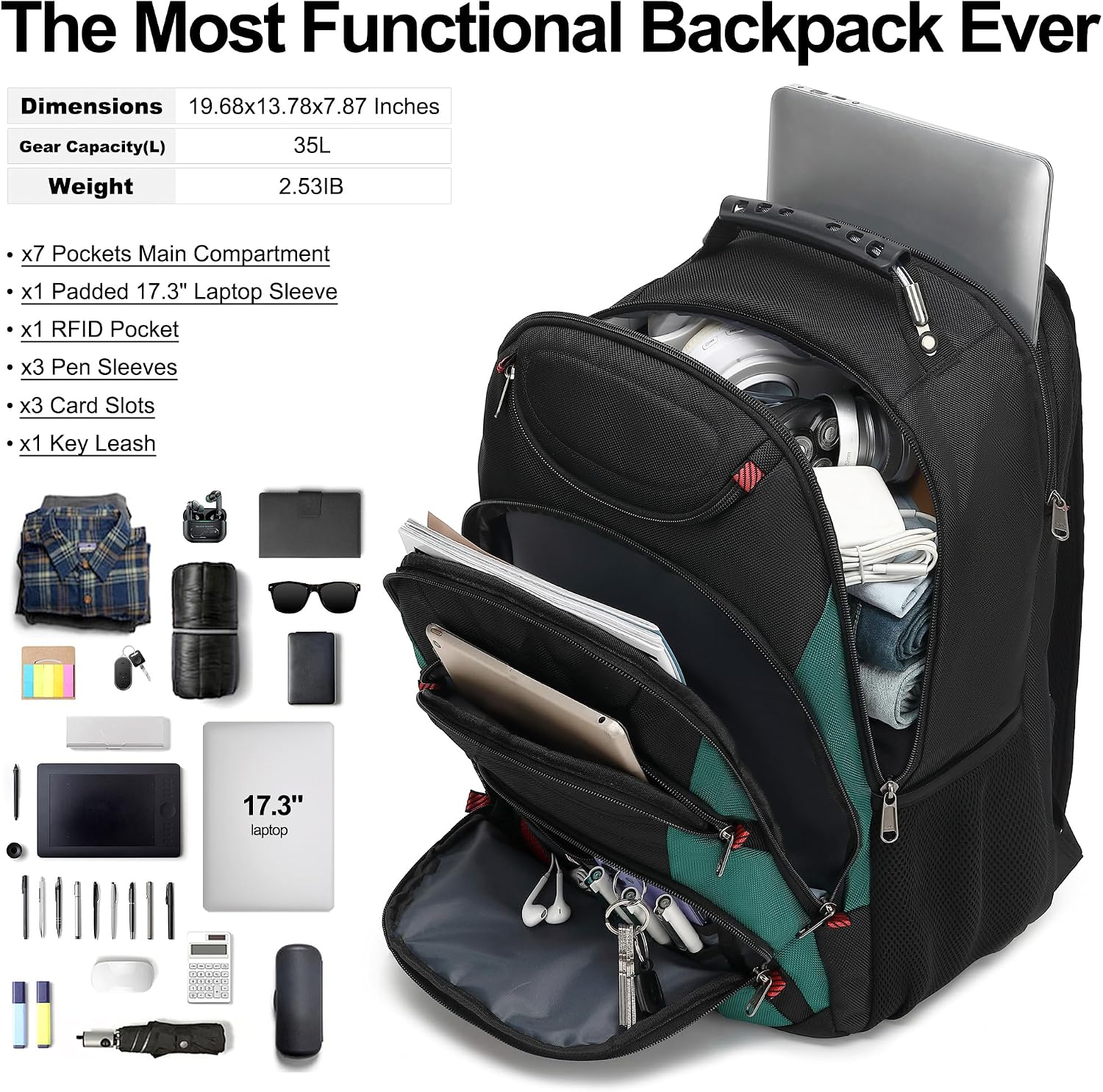 MOCHILA PARA LAPTOP BOAVAN 17.3 PULGADAS CON PUERTO USB IMPERMEABLE NEGRO Y VERDE ENEBRO - 5