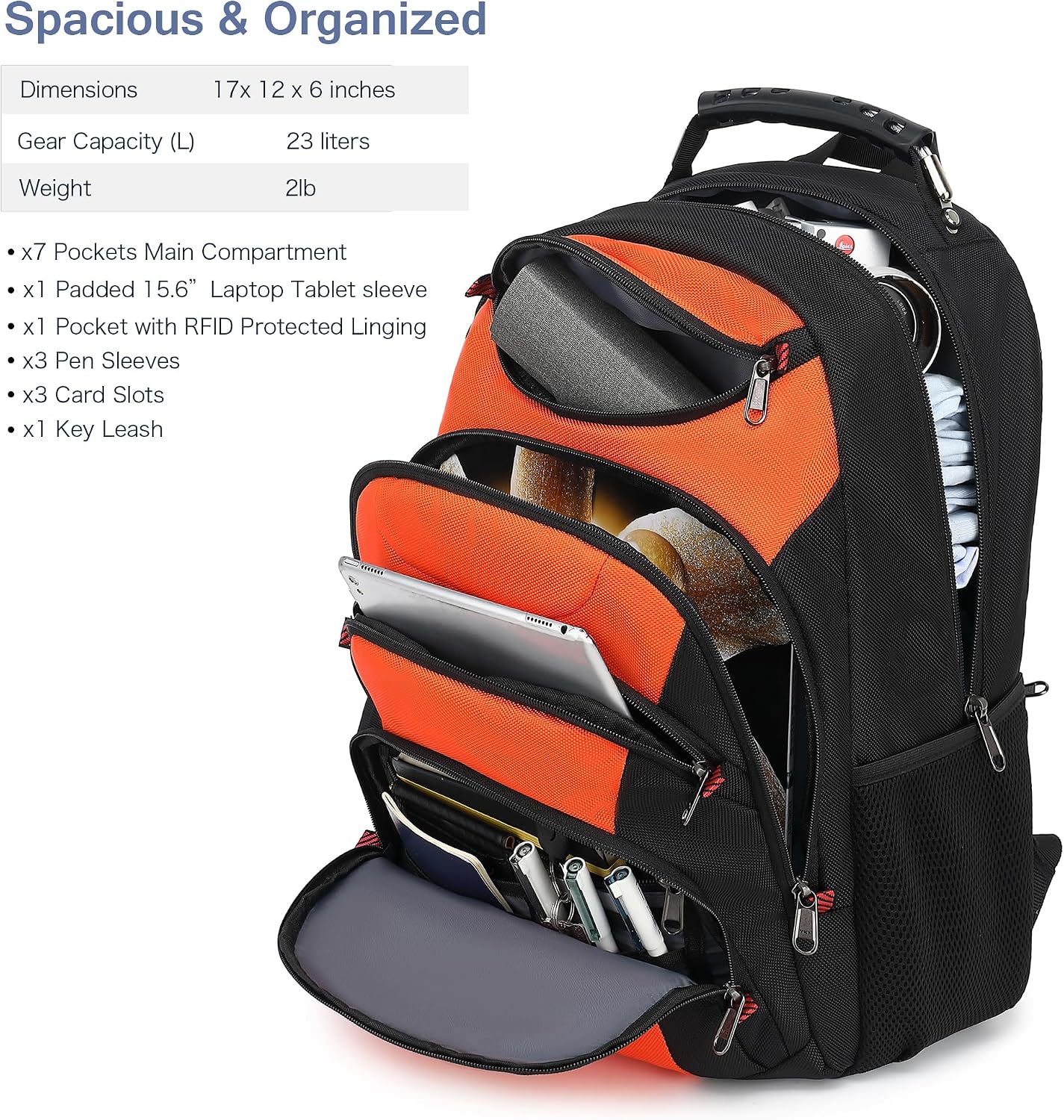 MOCHILA PARA LAPTOP BOAVAN 15.6 PULGADAS CON PUERTO USB IMPERMEABLE NARANJA Y NEGRO - 2